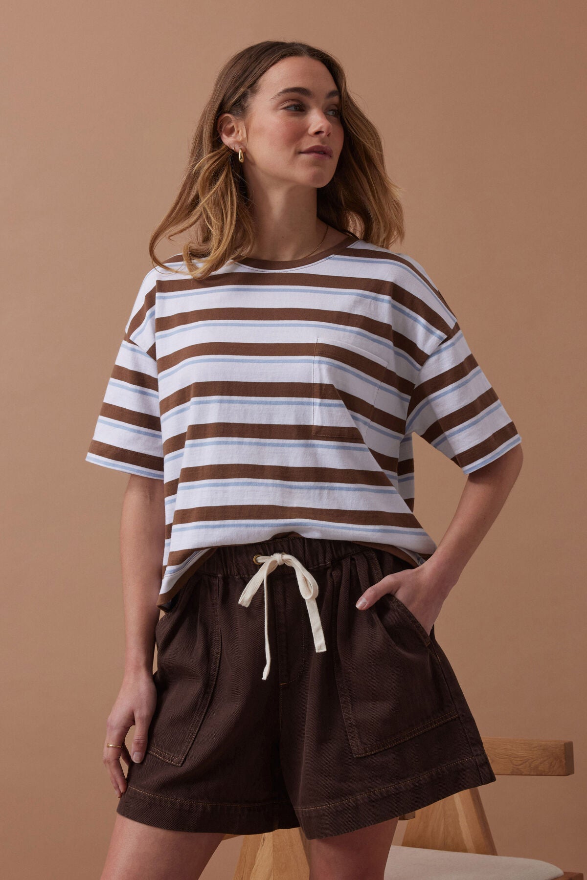 Ceres Boa Boxy Pocket Tee - white milk chocolate chalk stripe