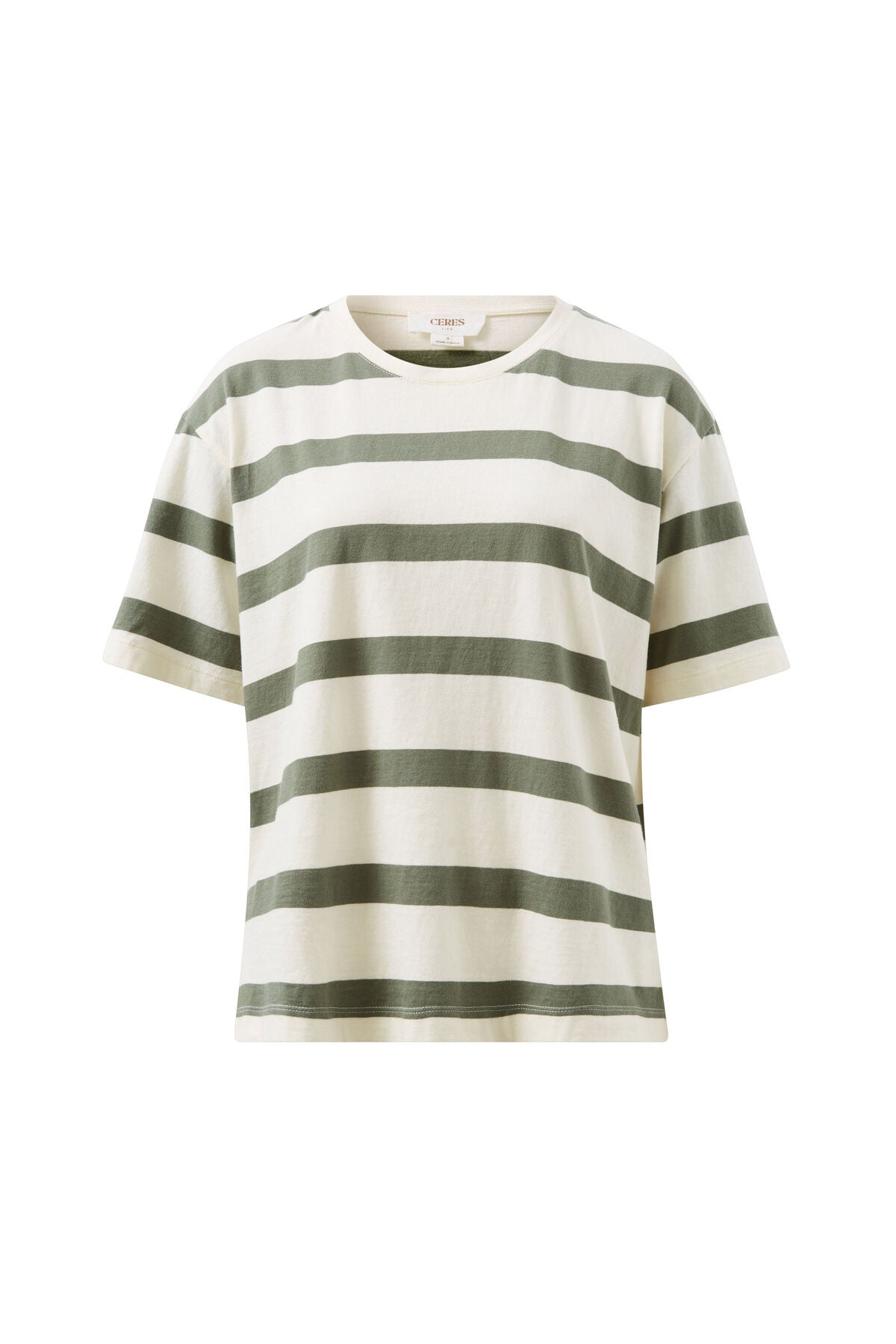 Ceres Life Split Hem Tee - eggshell/moss green bold stripe