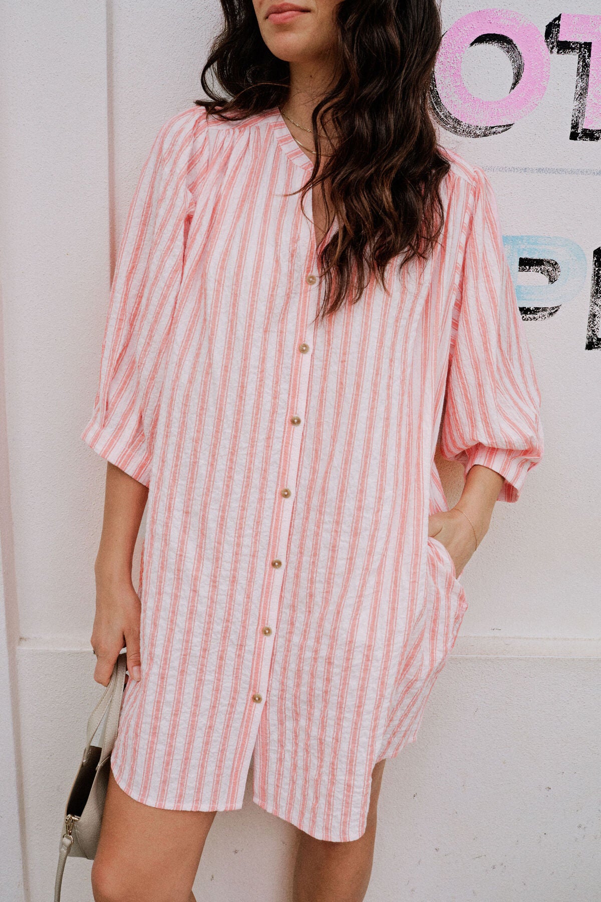 Ceres Life Crinkle Mini Dress - whisper pink/washed red stripe