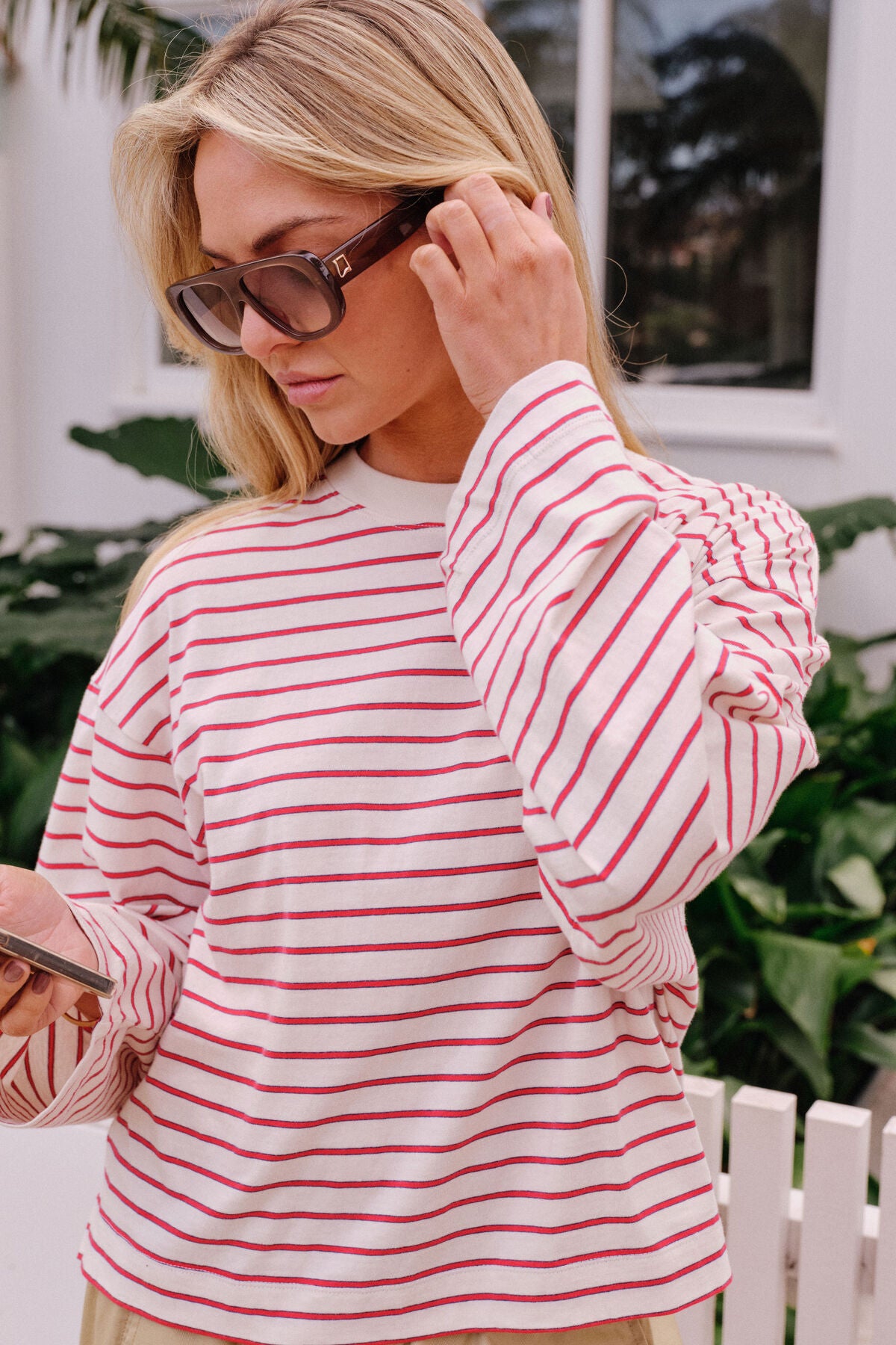 Ceres Beau Long-sleeve Slouchy Tee - buff/red stripe