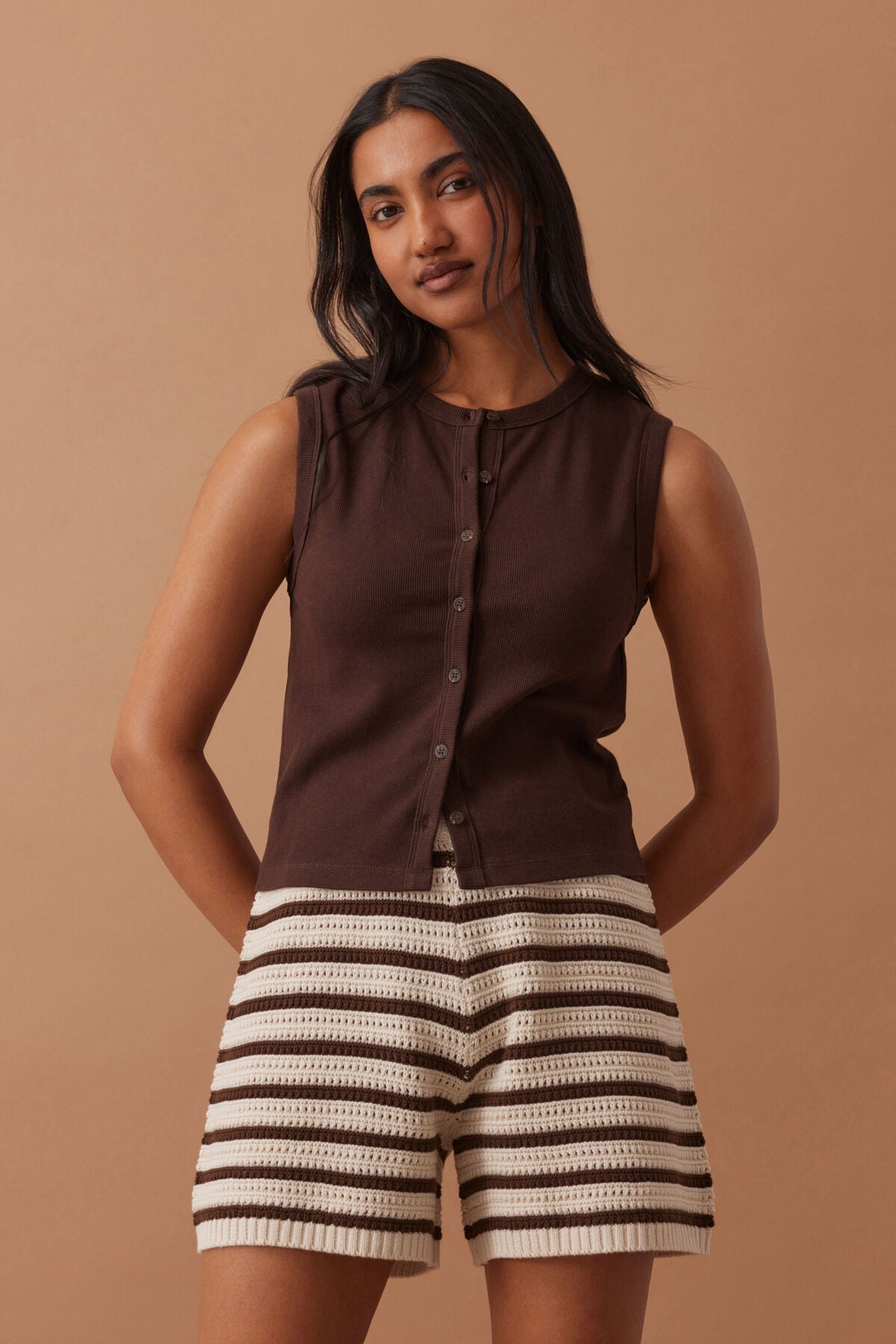 Ceres Molly Textured Knit Shorts - choc strioe