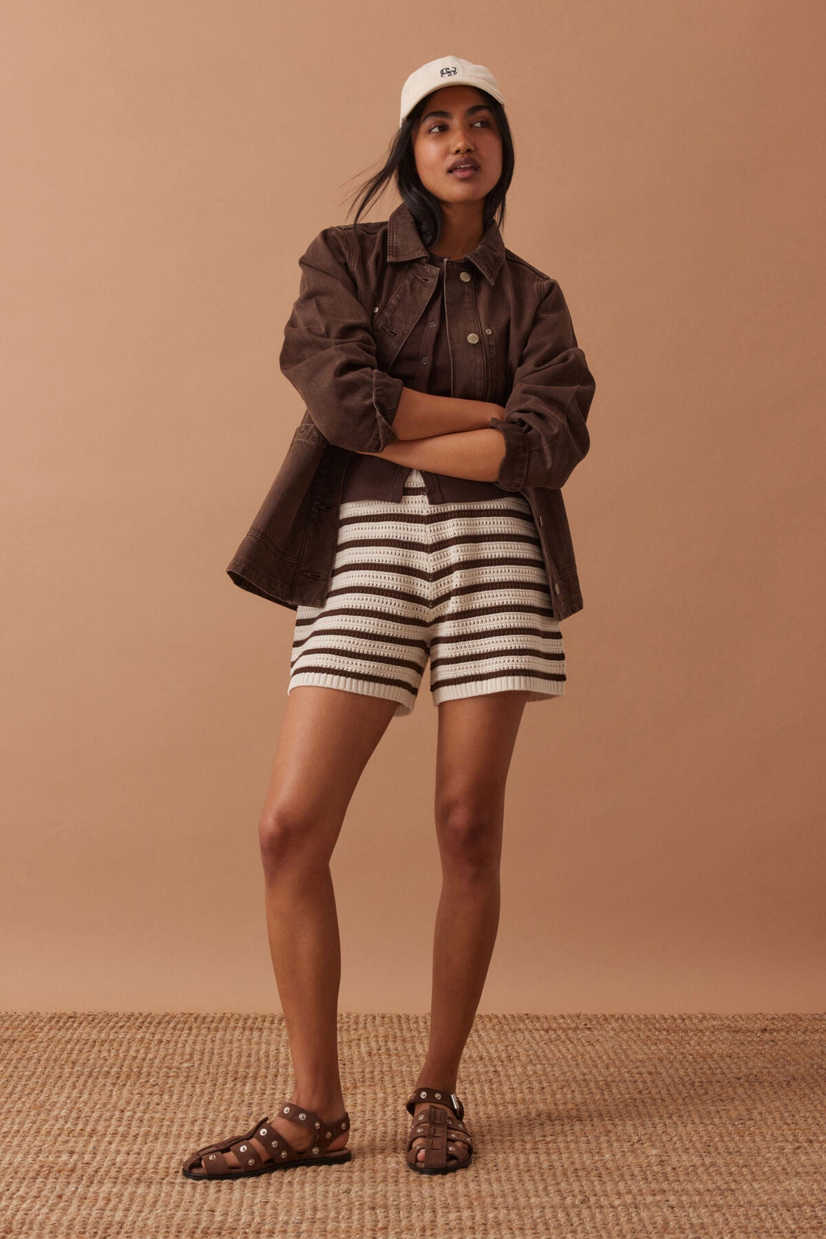 Ceres Molly Textured Knit Shorts - choc strioe