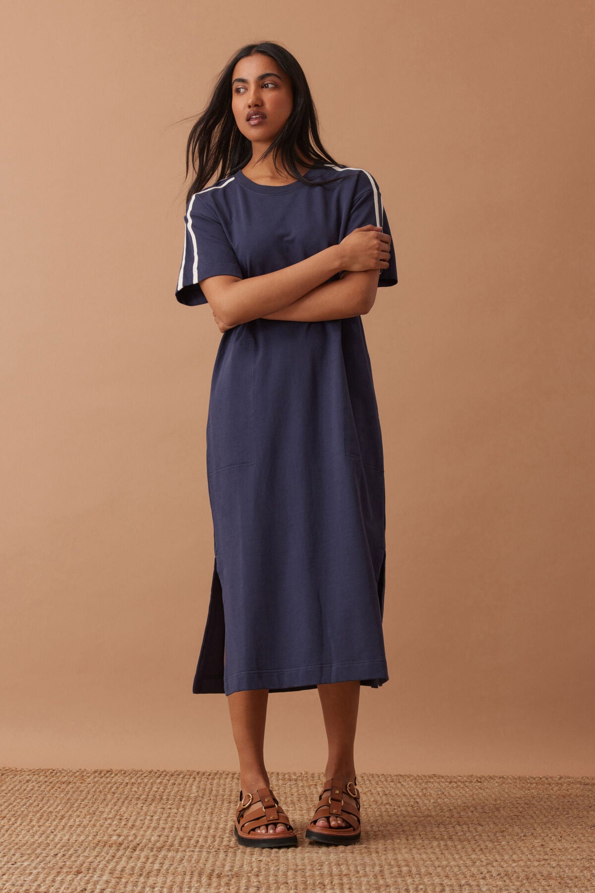 Ceres Charlotte Midi Terry Dress - new navy side stripe