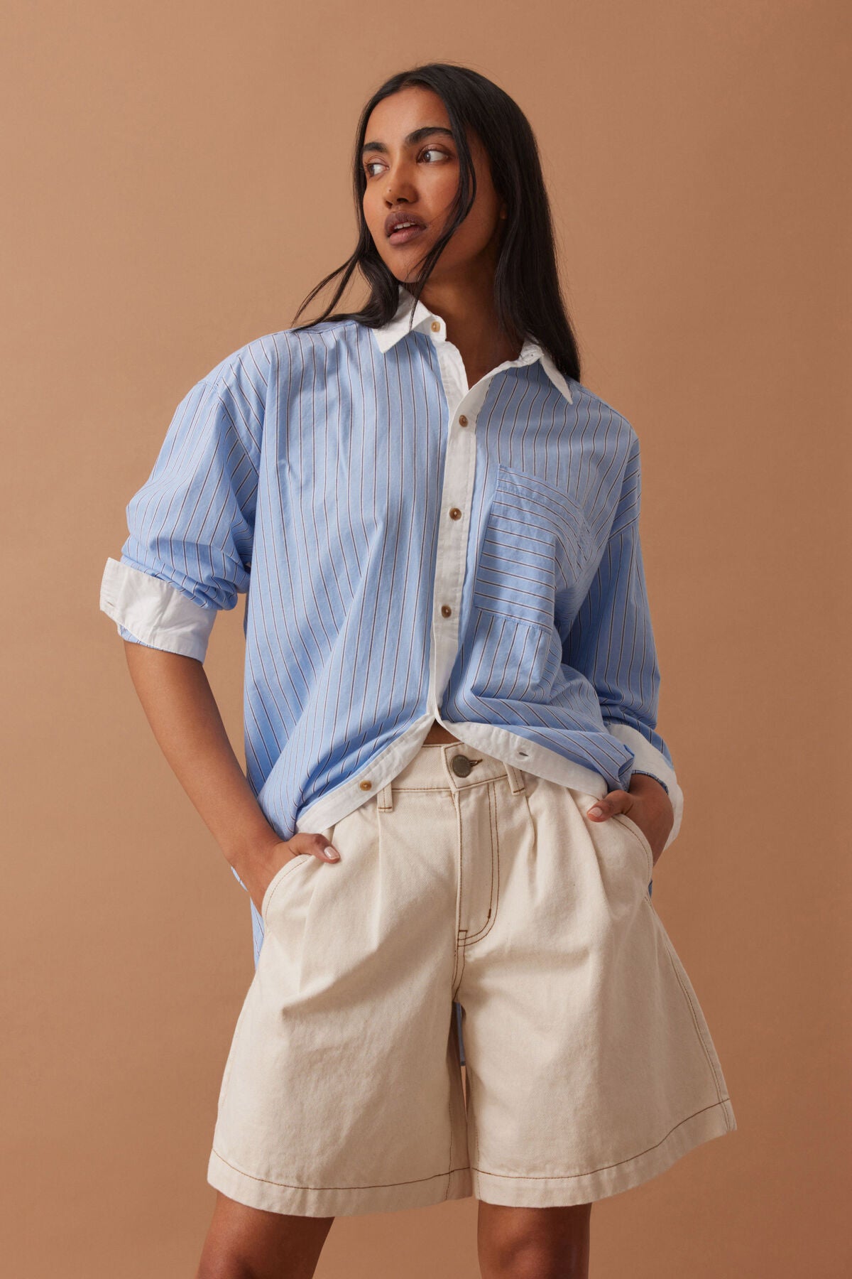 Ceres Sylvie Longline Pleat Denim Short - natural ecru