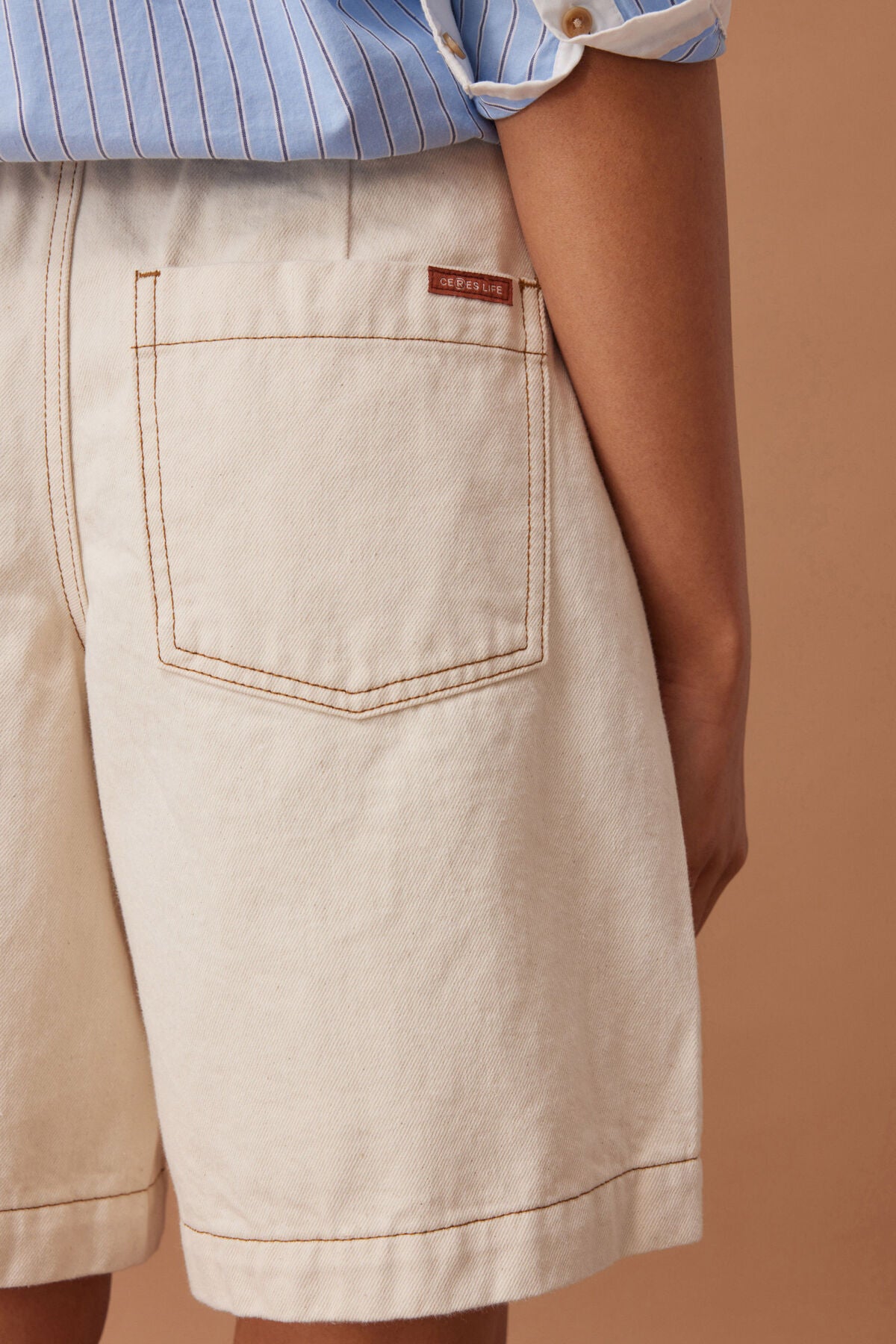 Ceres Sylvie Longline Pleat Denim Short - natural ecru