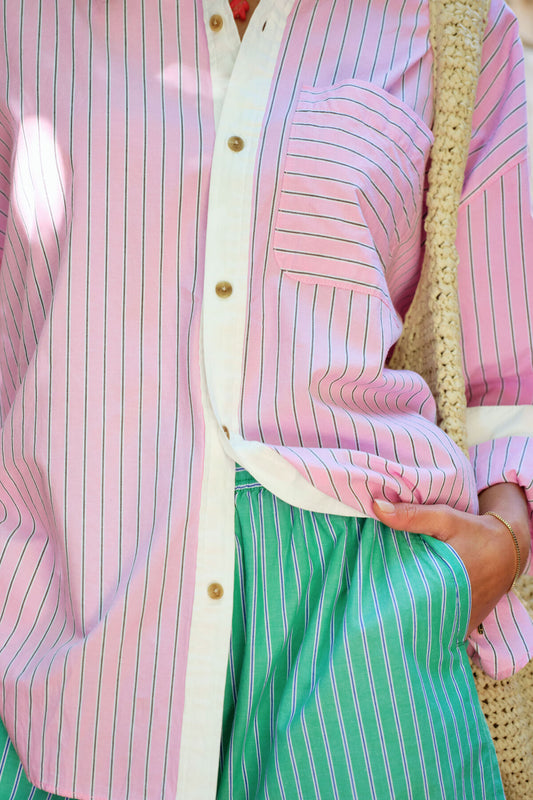 Ceres Peta Oversized Shirt - hibiscus pink triple stripe/white collar