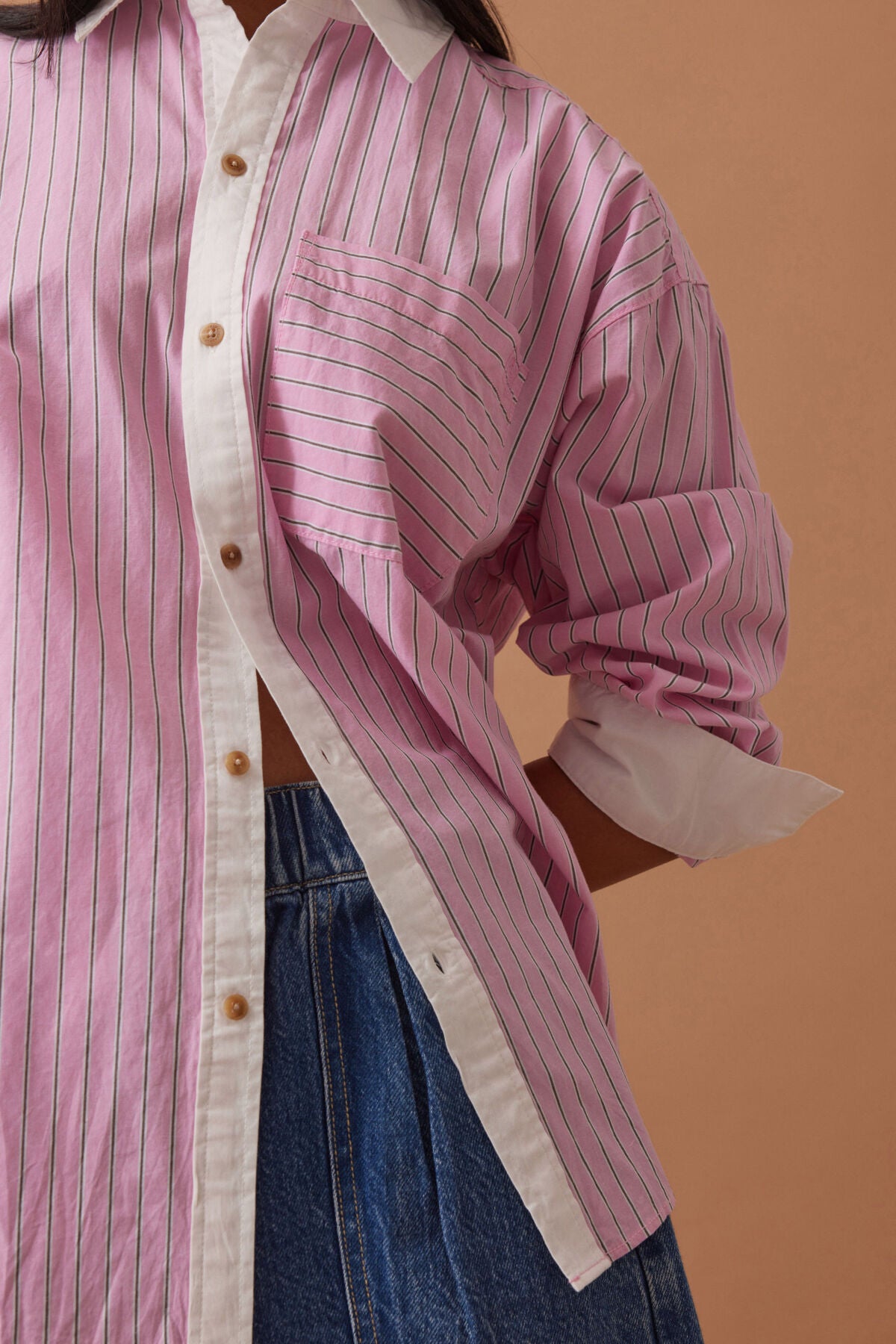 Ceres Peta Oversized Shirt - hibiscus pink triple stripe/white collar