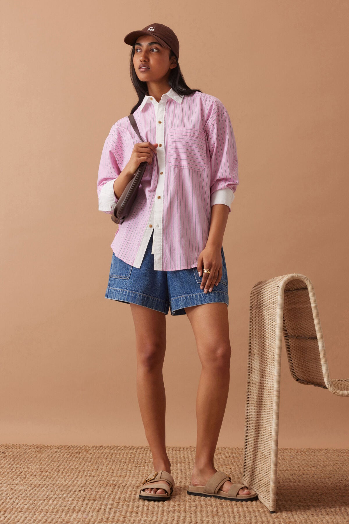 Ceres Peta Oversized Shirt - hibiscus pink triple stripe/white collar