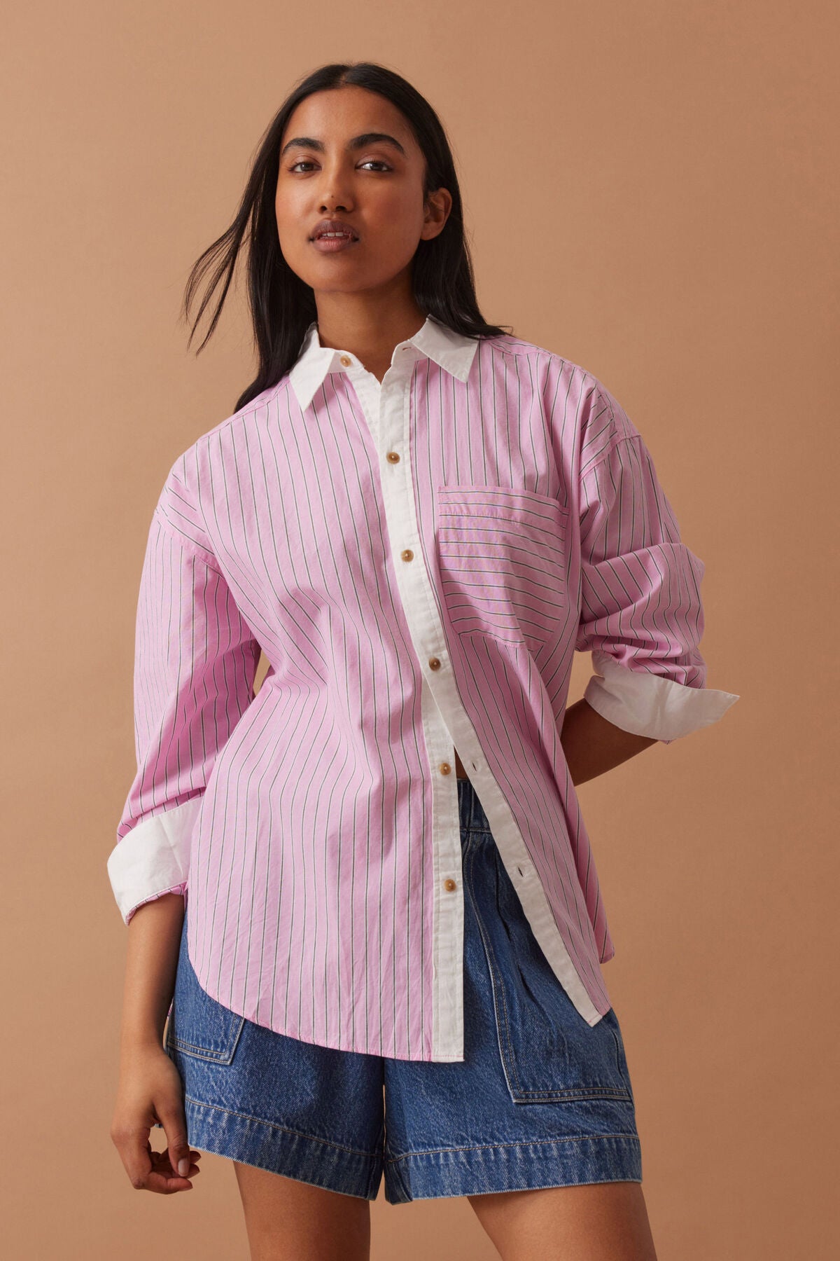 Ceres Peta Oversized Shirt - hibiscus pink triple stripe/white collar