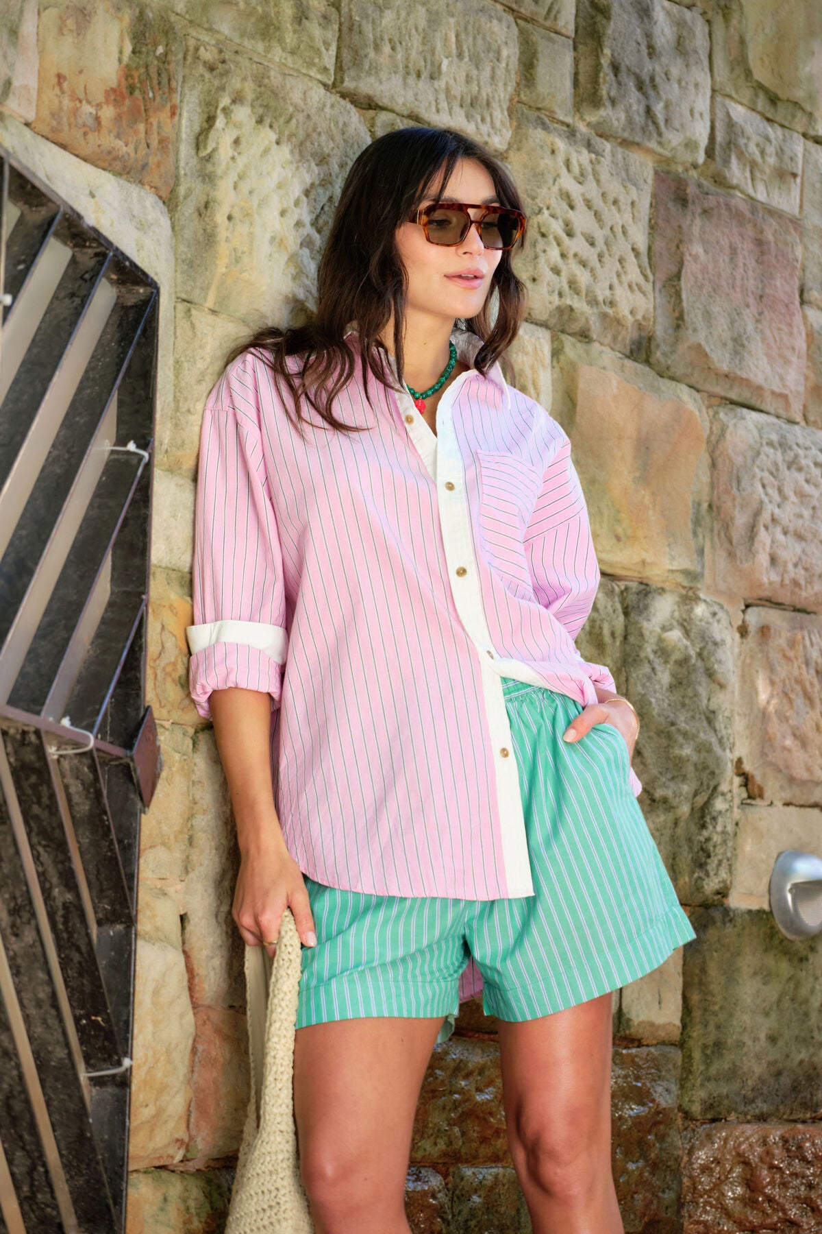 Ceres Peta Oversized Shirt - hibiscus pink triple stripe/white collar
