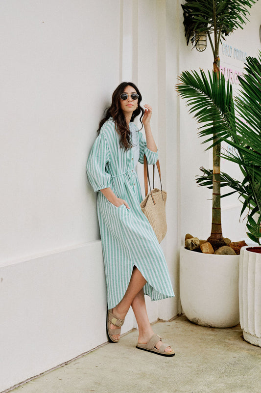 Ceres Life Crinkle Midi Dress - grass green white stripe