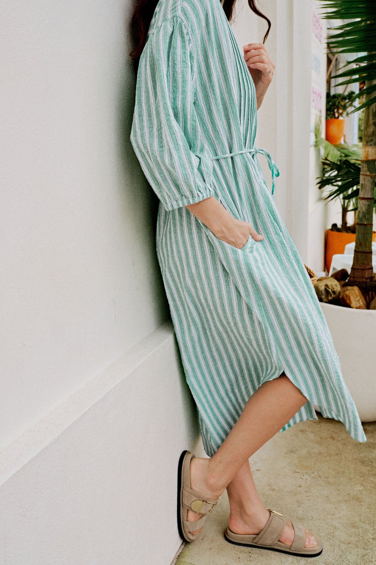 Ceres Life Crinkle Midi Dress - grass green white stripe