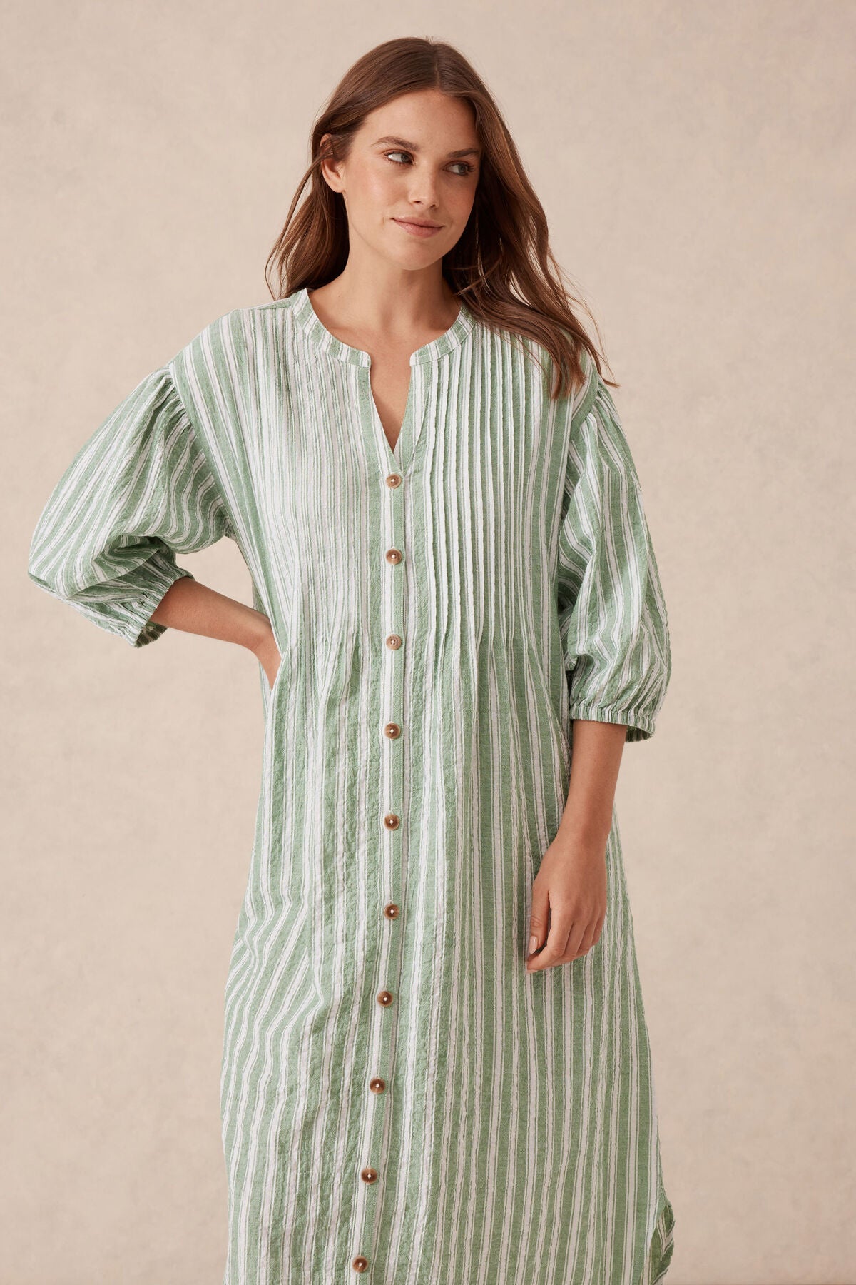Ceres Life Crinkle Midi Dress - grass green white stripe