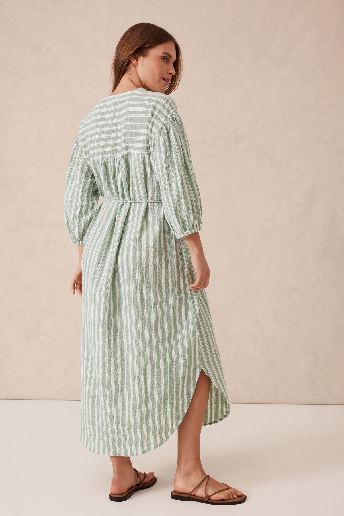 Ceres Life Crinkle Midi Dress - grass green white stripe