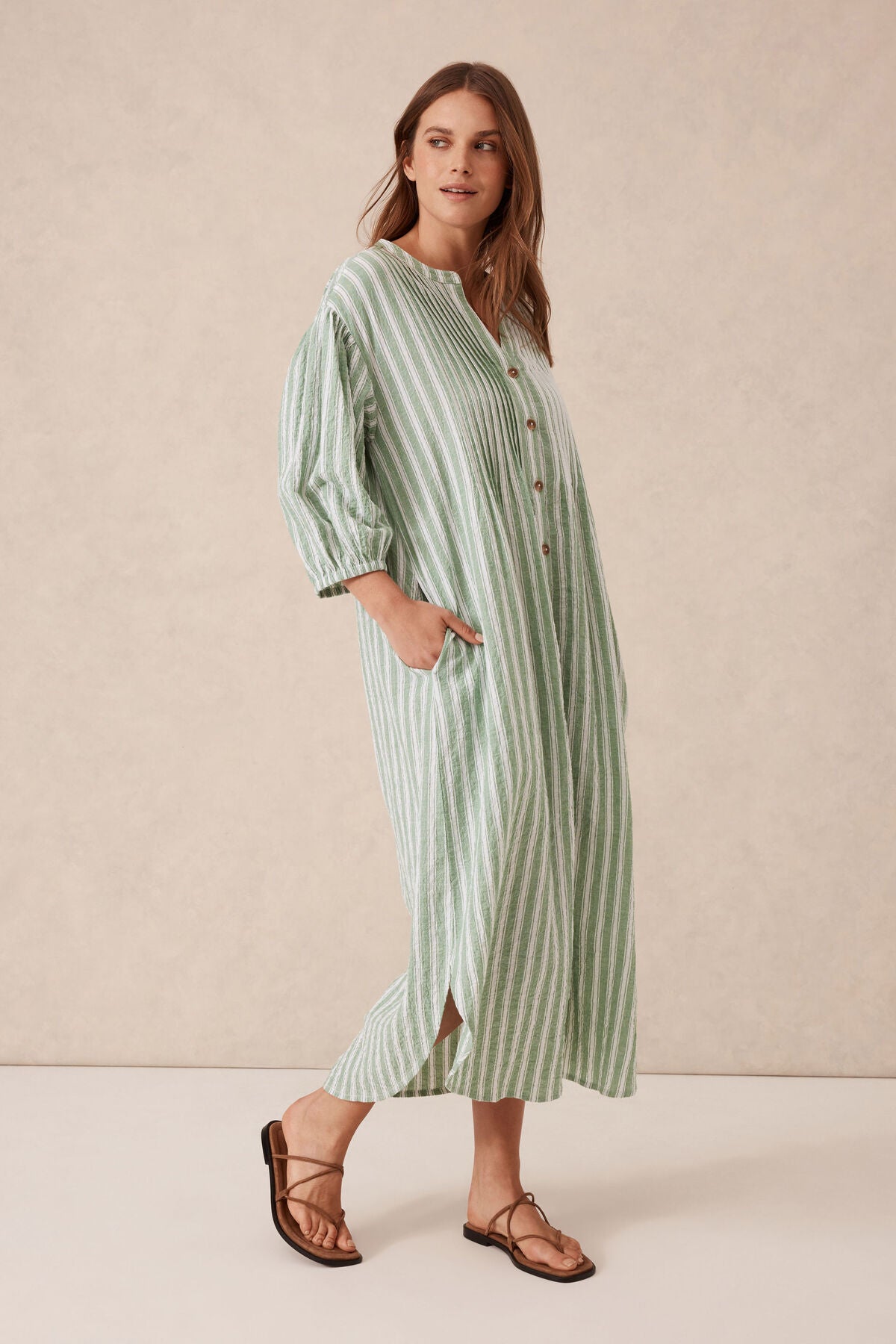 Ceres Life Crinkle Midi Dress - grass green white stripe