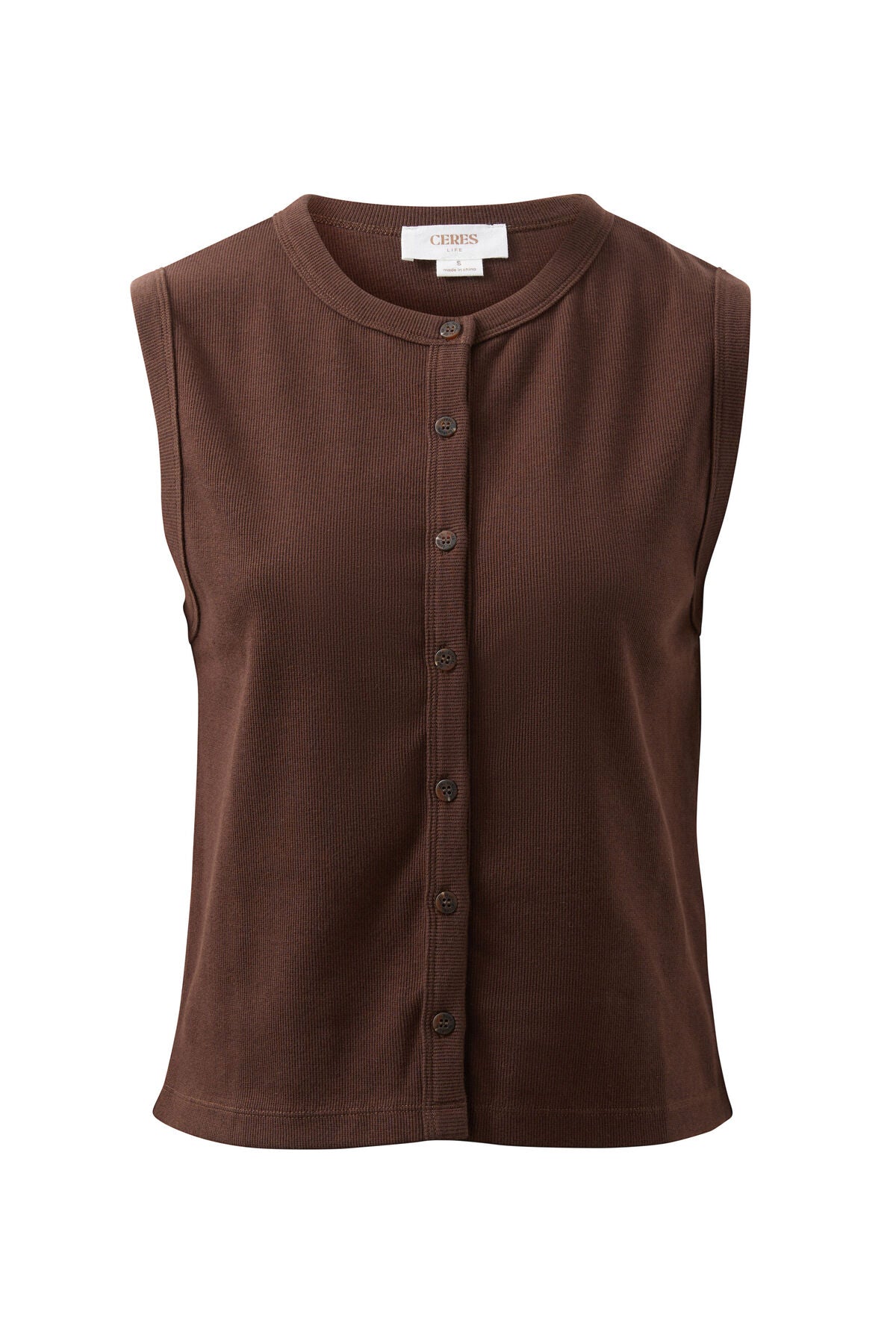 Ceres Lyla button through Rib Tank - chocolate
