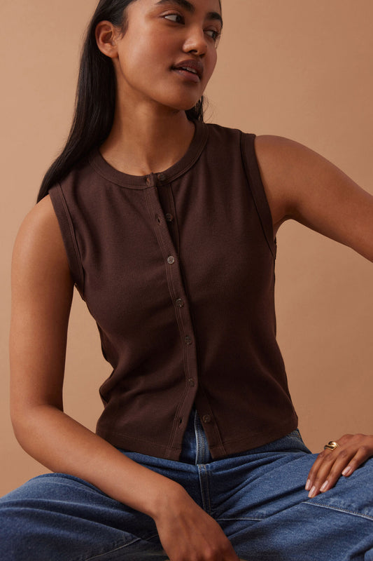 Ceres Lyla button through Rib Tank - chocolate