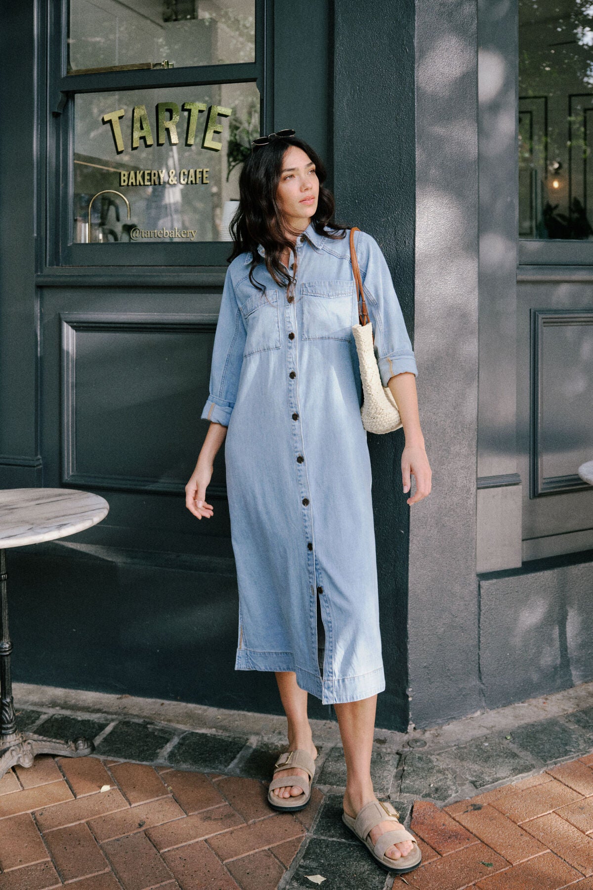 Ceres Life Long Sleeve Yoke Detail Midi Dress - mid blue wash