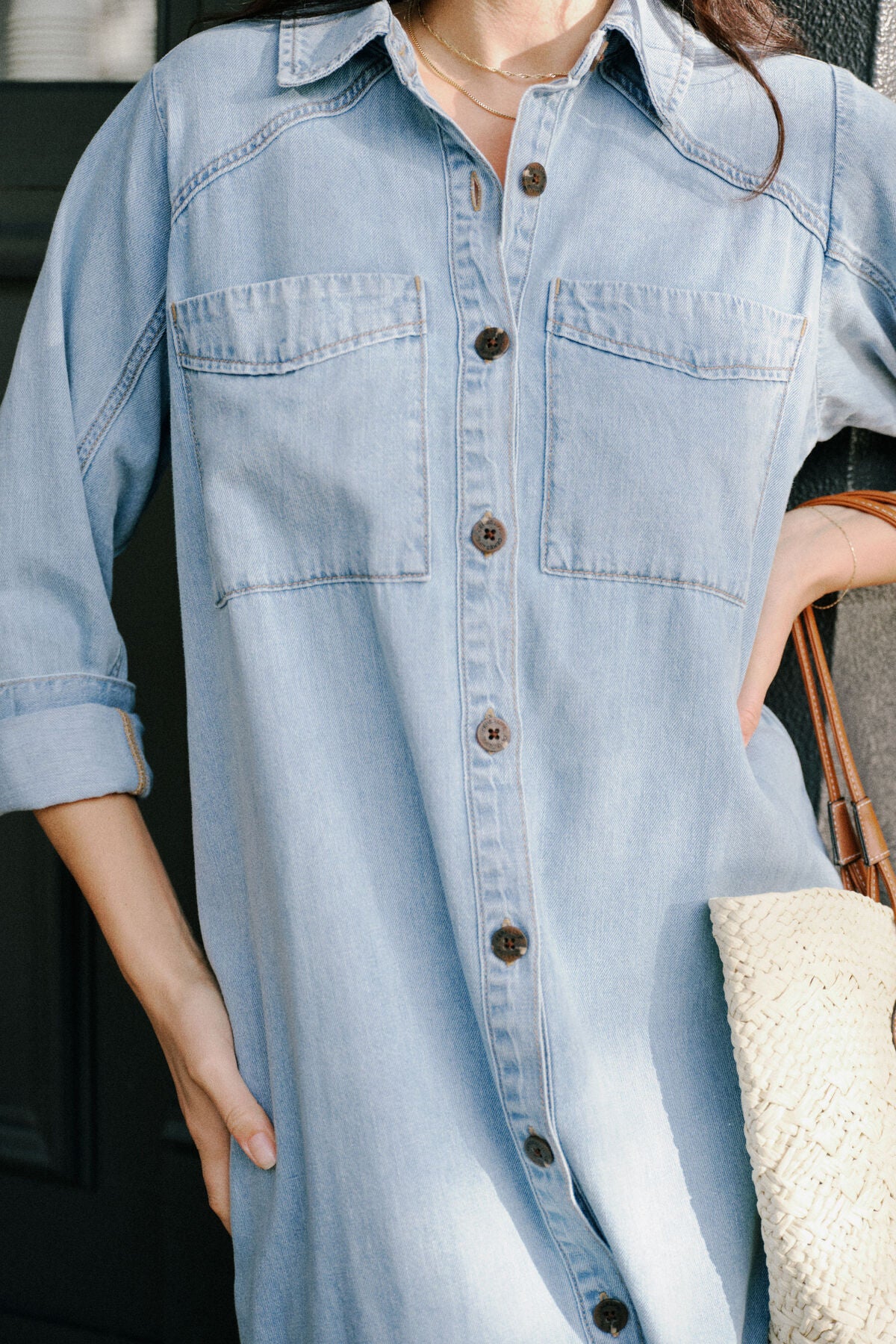 Ceres Life Long Sleeve Yoke Detail Midi Dress - mid blue wash