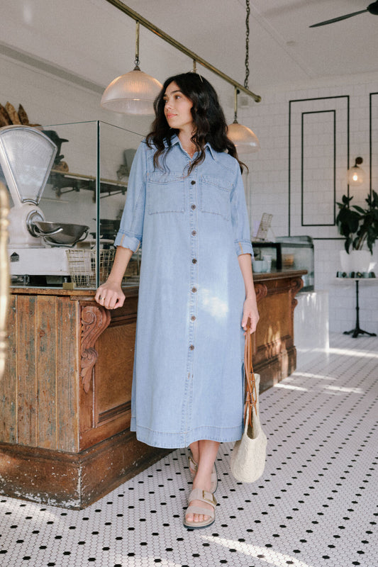 Ceres Life Long Sleeve Yoke Detail Midi Dress - mid blue wash