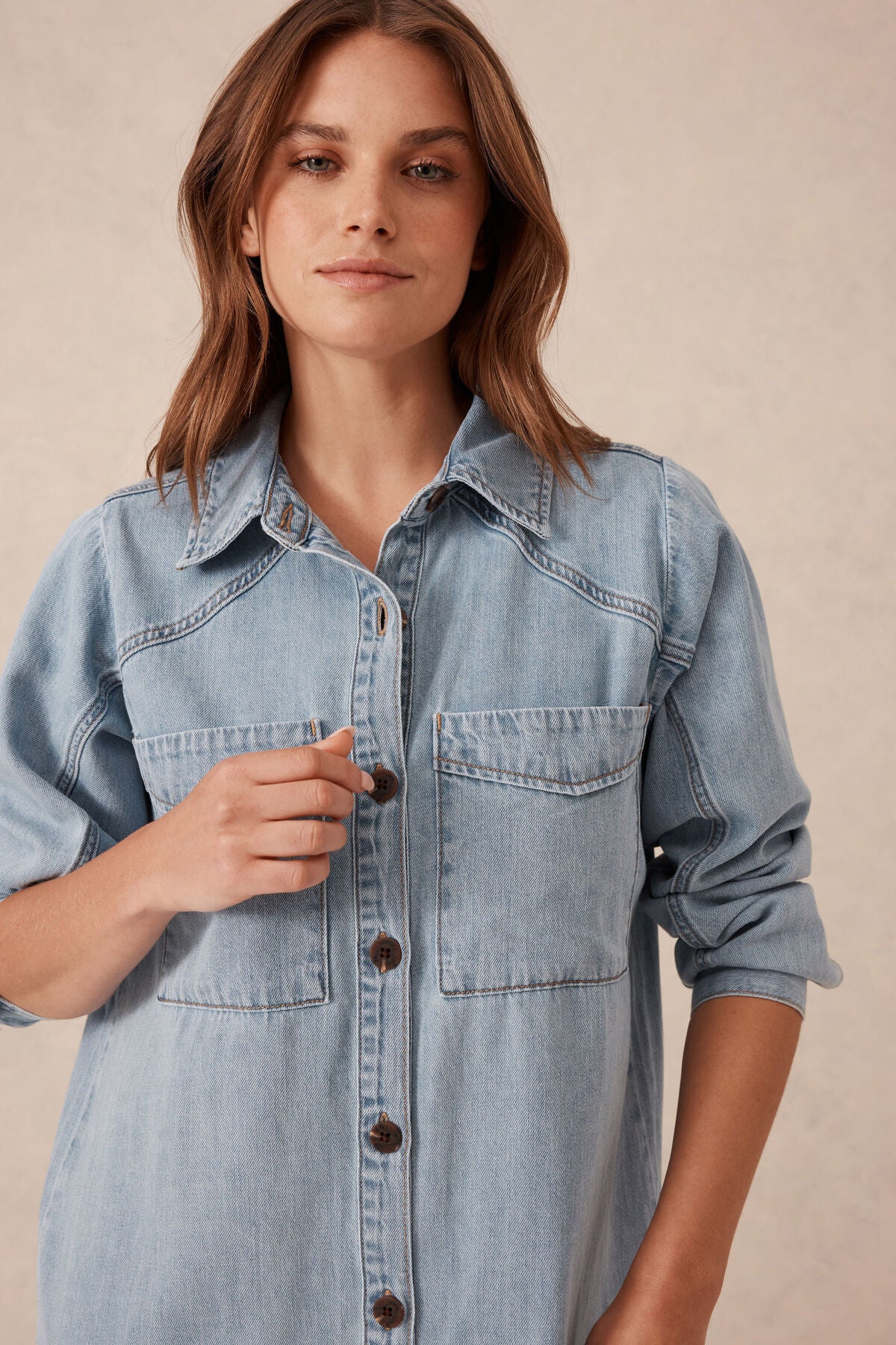 Ceres Life Long Sleeve Yoke Detail Midi Dress - mid blue wash