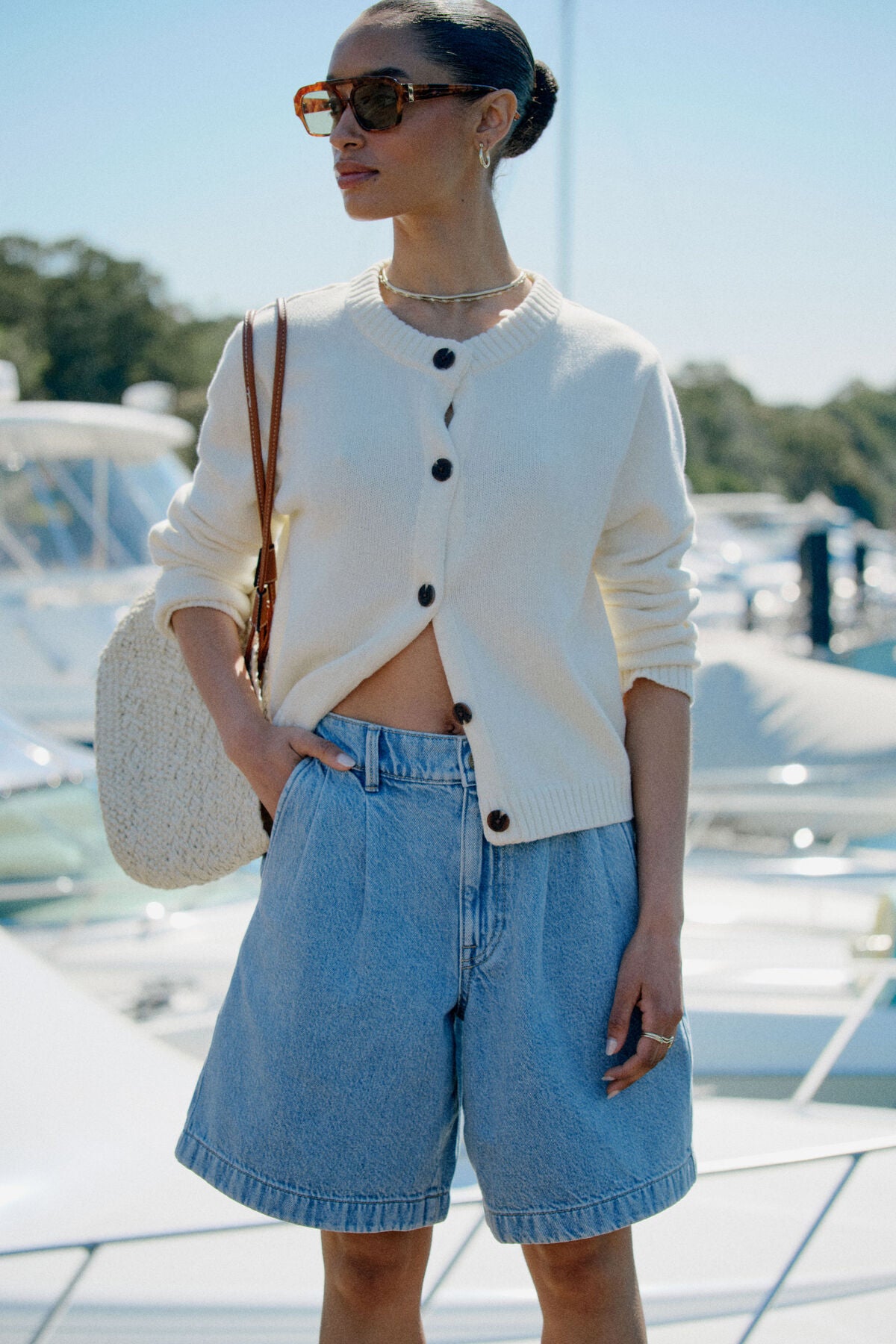 Ceres Sylvie Longline Pleat Denim Short - vintage blue
