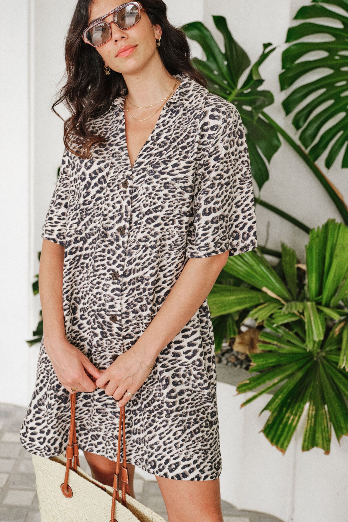 Ceres Life Boxy Shirt Dress - leopard linen blend