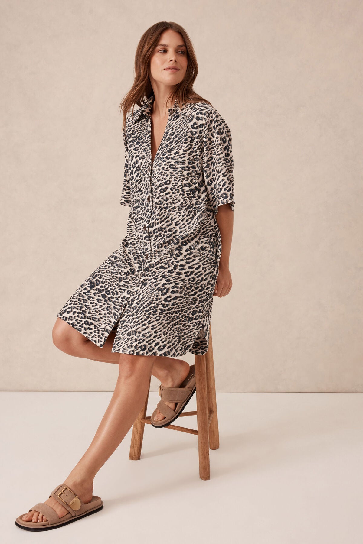 Ceres Life Boxy Shirt Dress - leopard linen blend