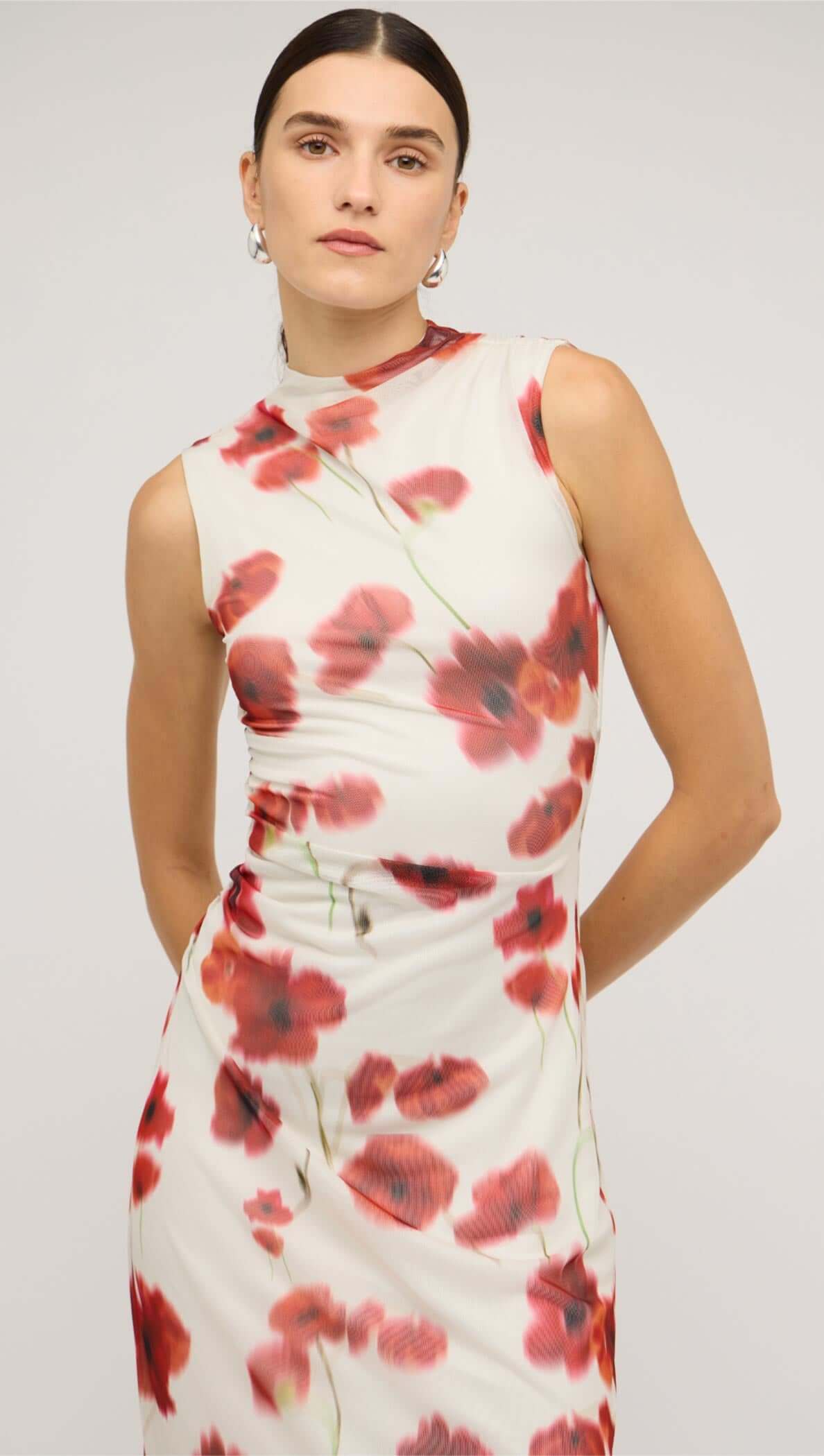 Staple the Label Lumi Mesh Midi Dress - red & white poppy print