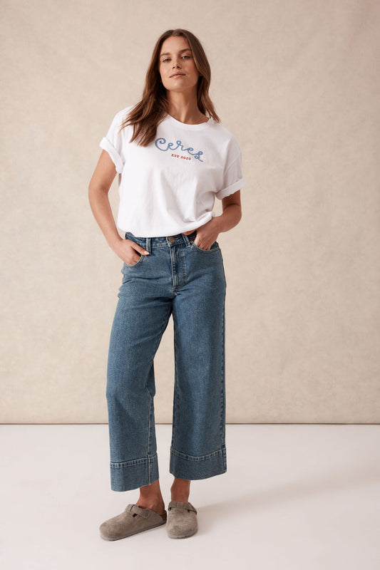 Ceres Life Wide Leg Crop Jean - mid indigo