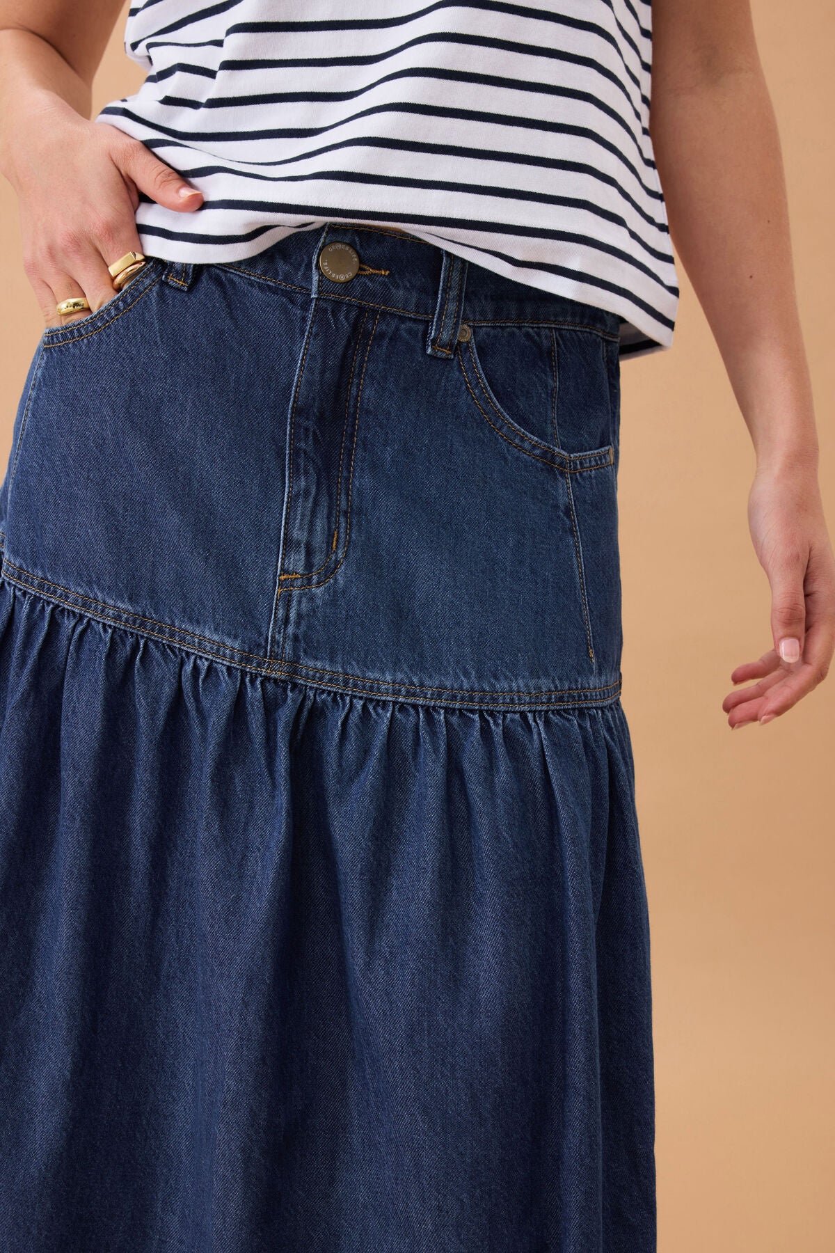 Ceres Drop Waist Denim Midi Skirt - caspian blue
