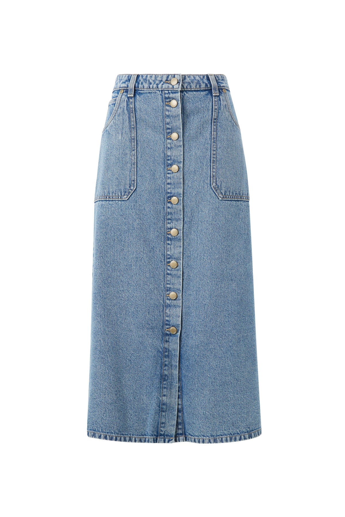 Ceres Life Button Through Denim Midi Skirt - mid vintage blue