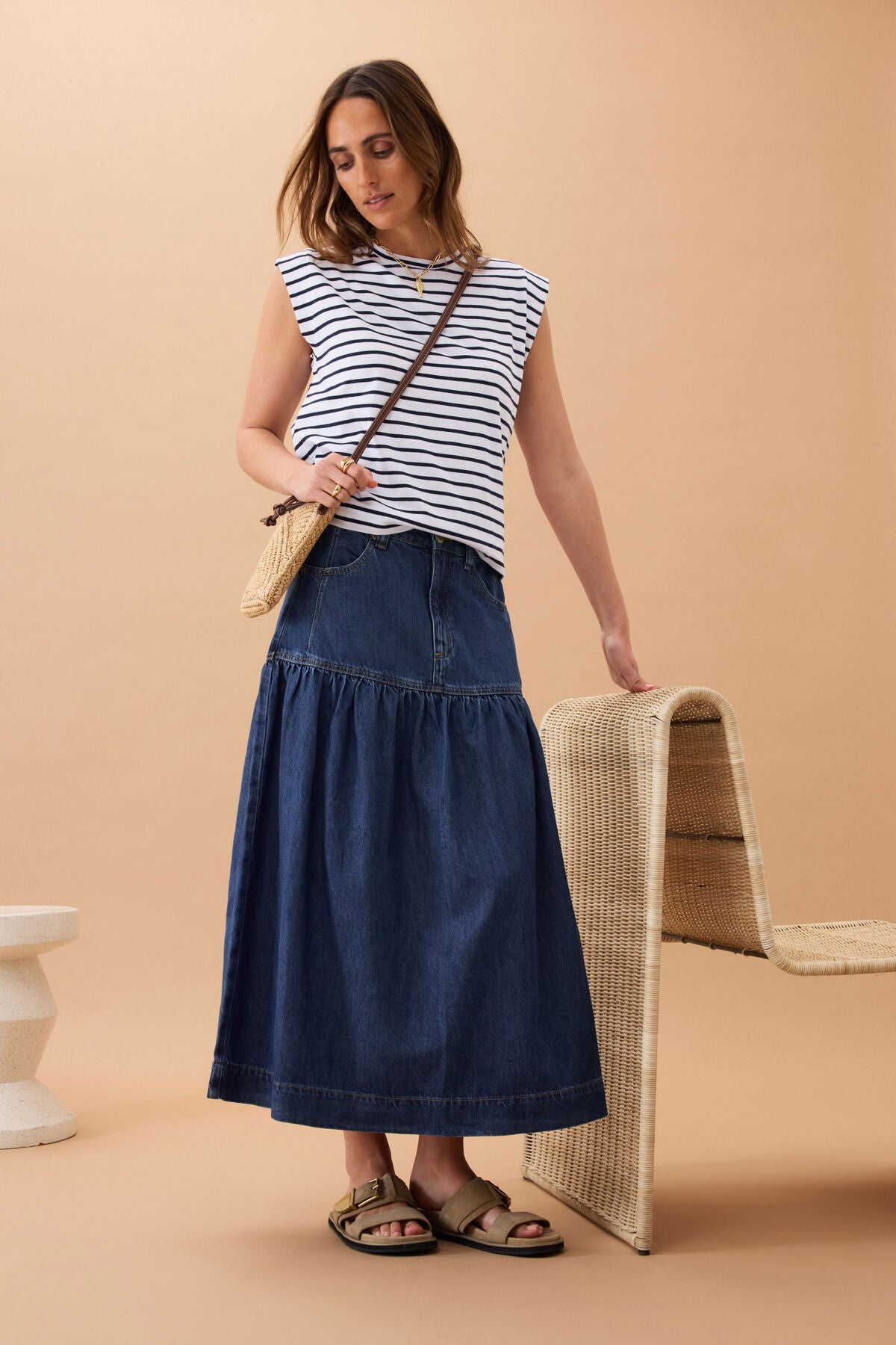 Ceres Drop Waist Denim Midi Skirt - caspian blue
