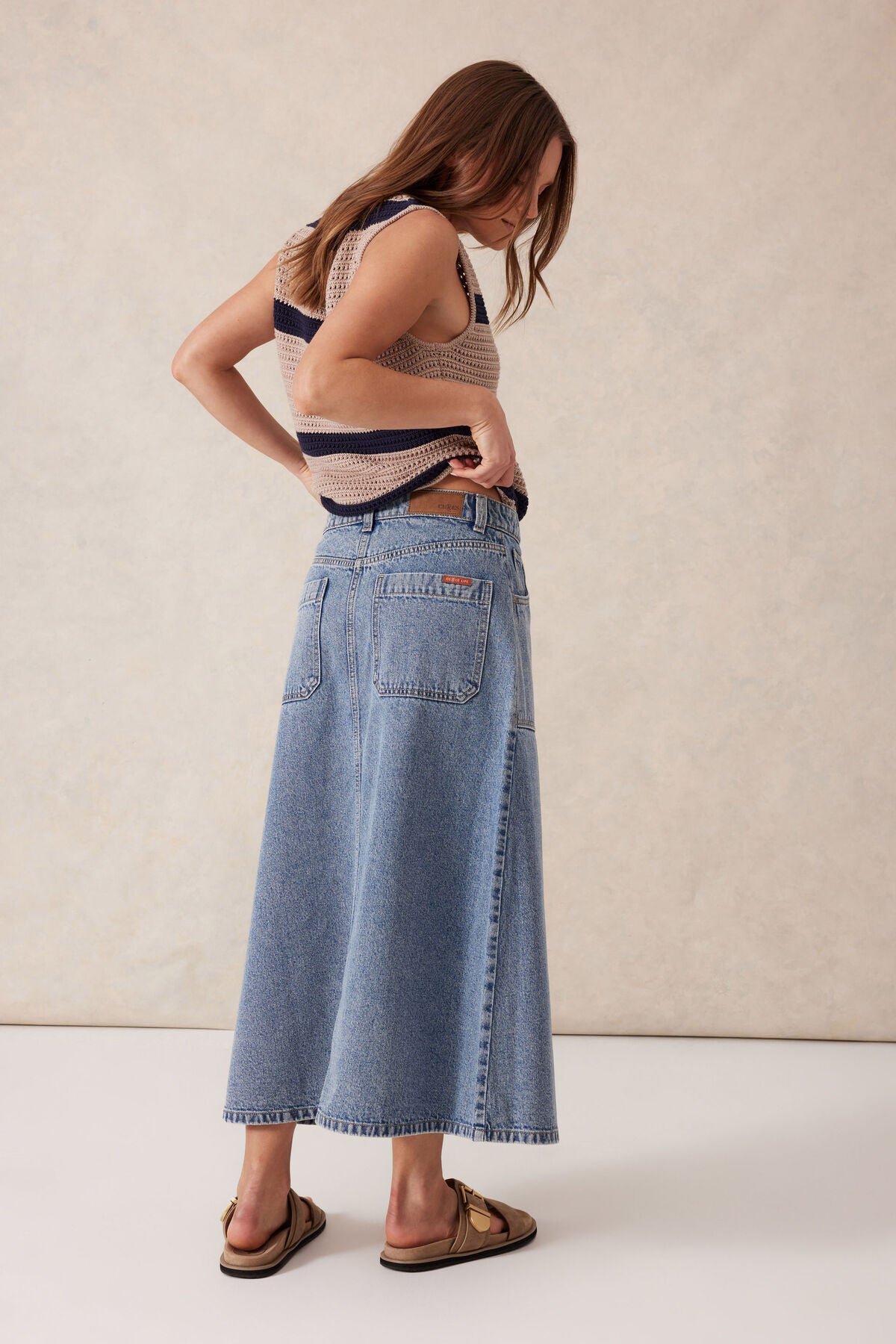Ceres Life Button Through Denim Midi Skirt - mid vintage blue
