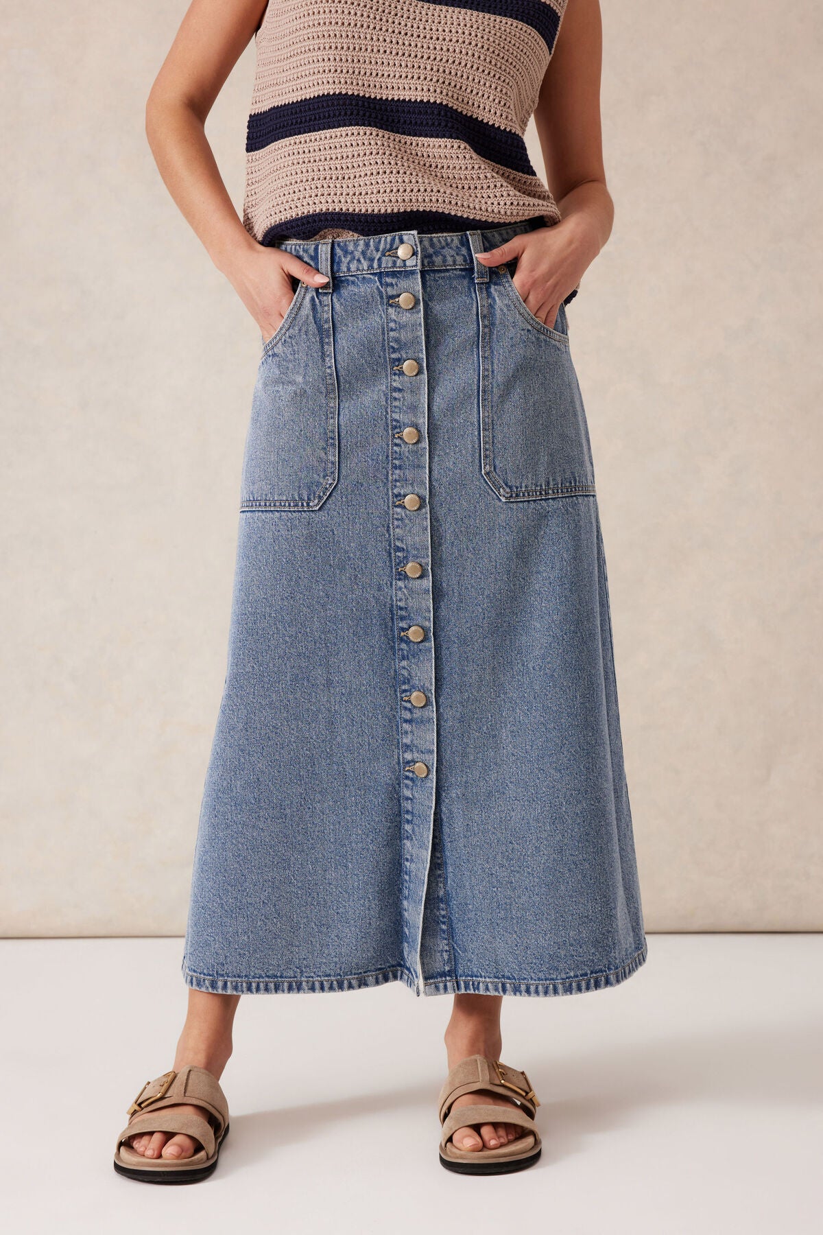 Ceres Life Button Through Denim Midi Skirt - mid vintage blue