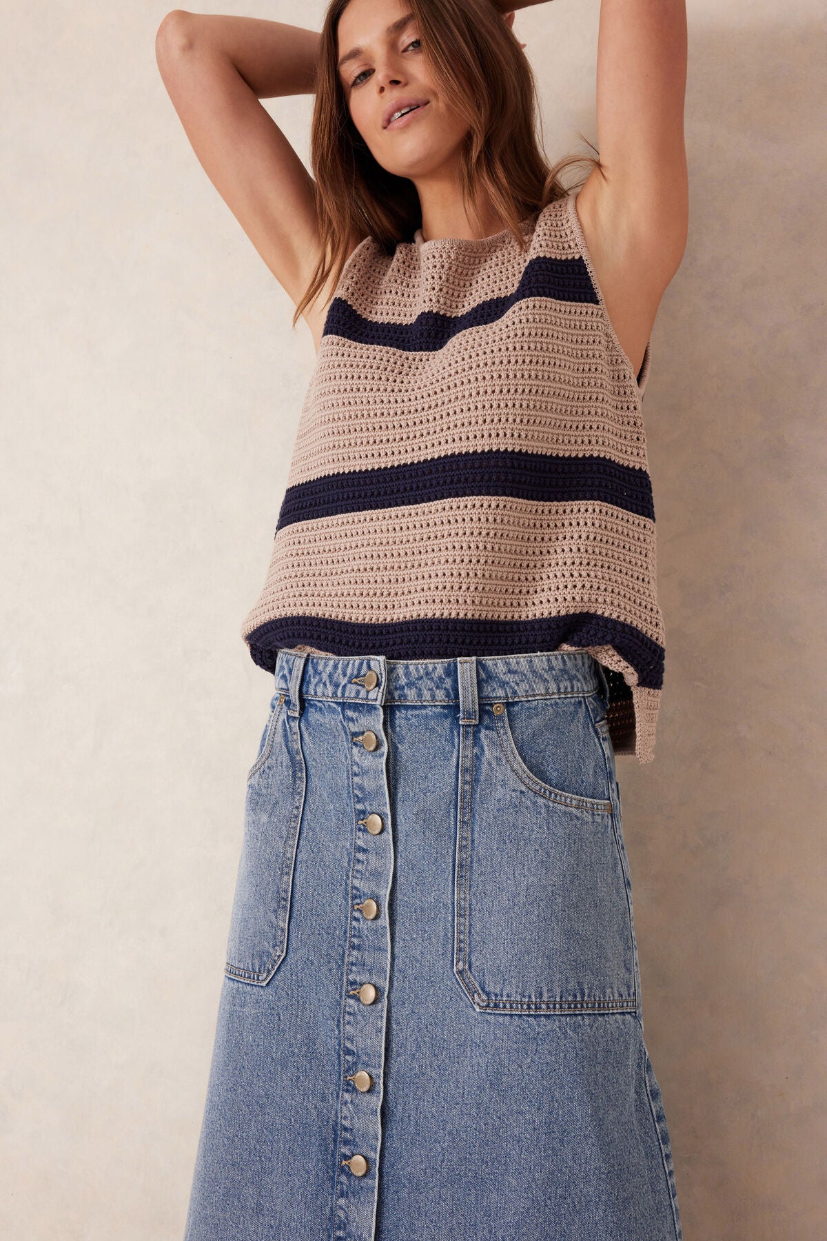 Ceres Life Button Through Denim Midi Skirt - mid vintage blue