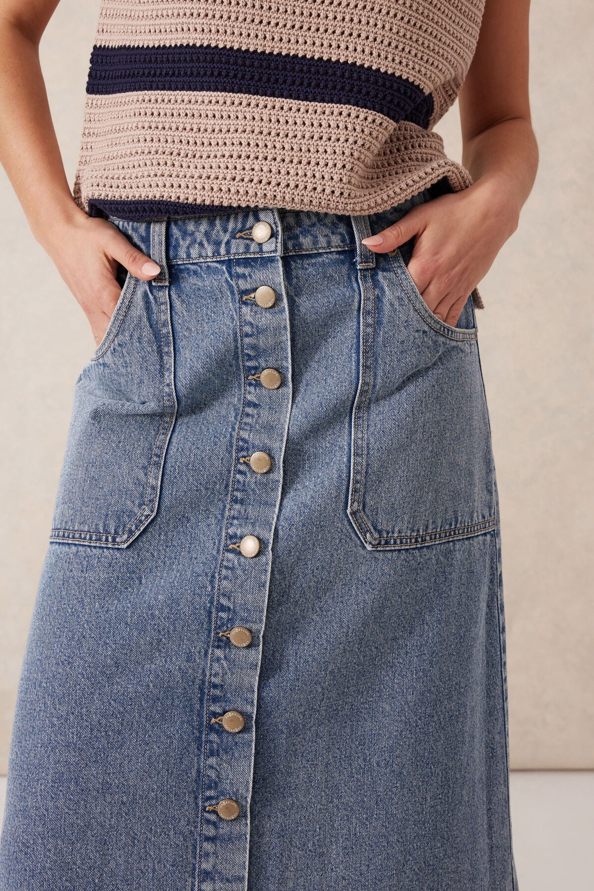 Ceres Life Button Through Denim Midi Skirt - mid vintage blue