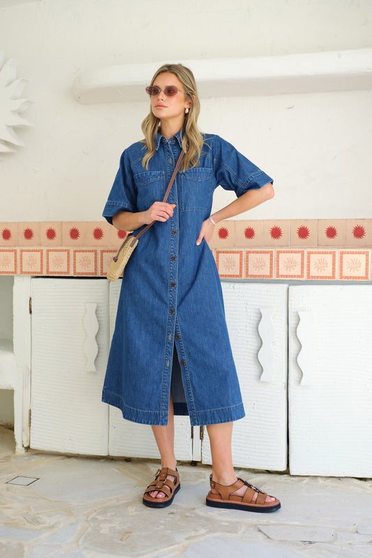 Ceres Ava Short Sleeve Midi Dress - vintage blue