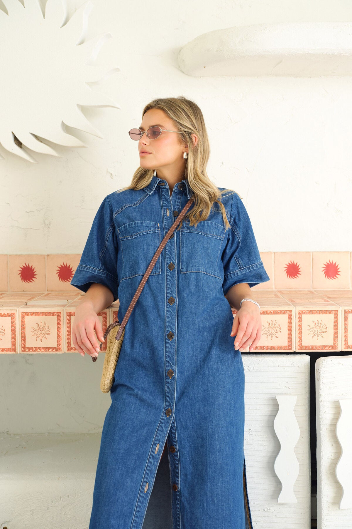 Ceres Ava Short Sleeve Midi Dress - vintage blue