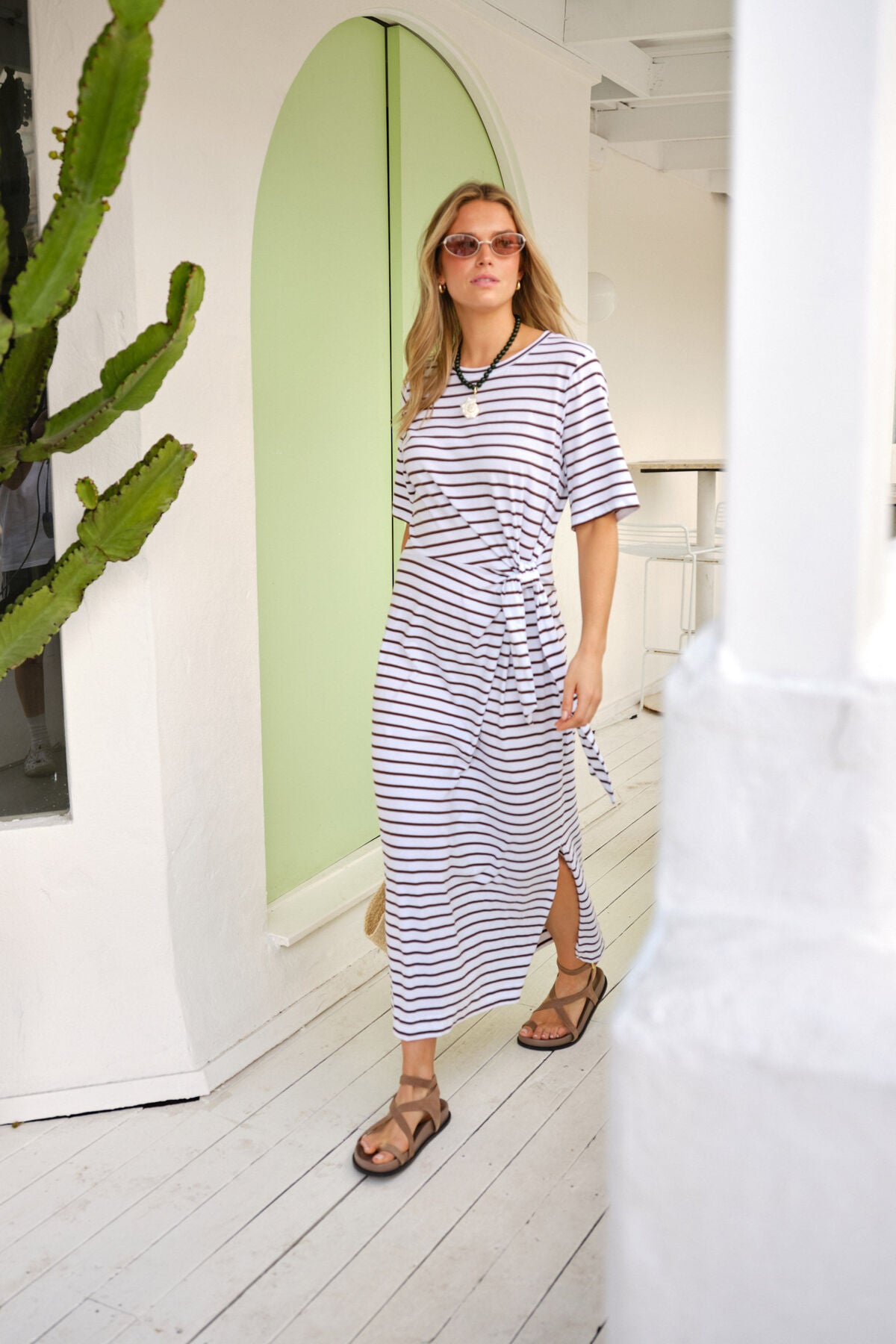 Ceres Allora  Tie Midi Dress - chocolate stripe