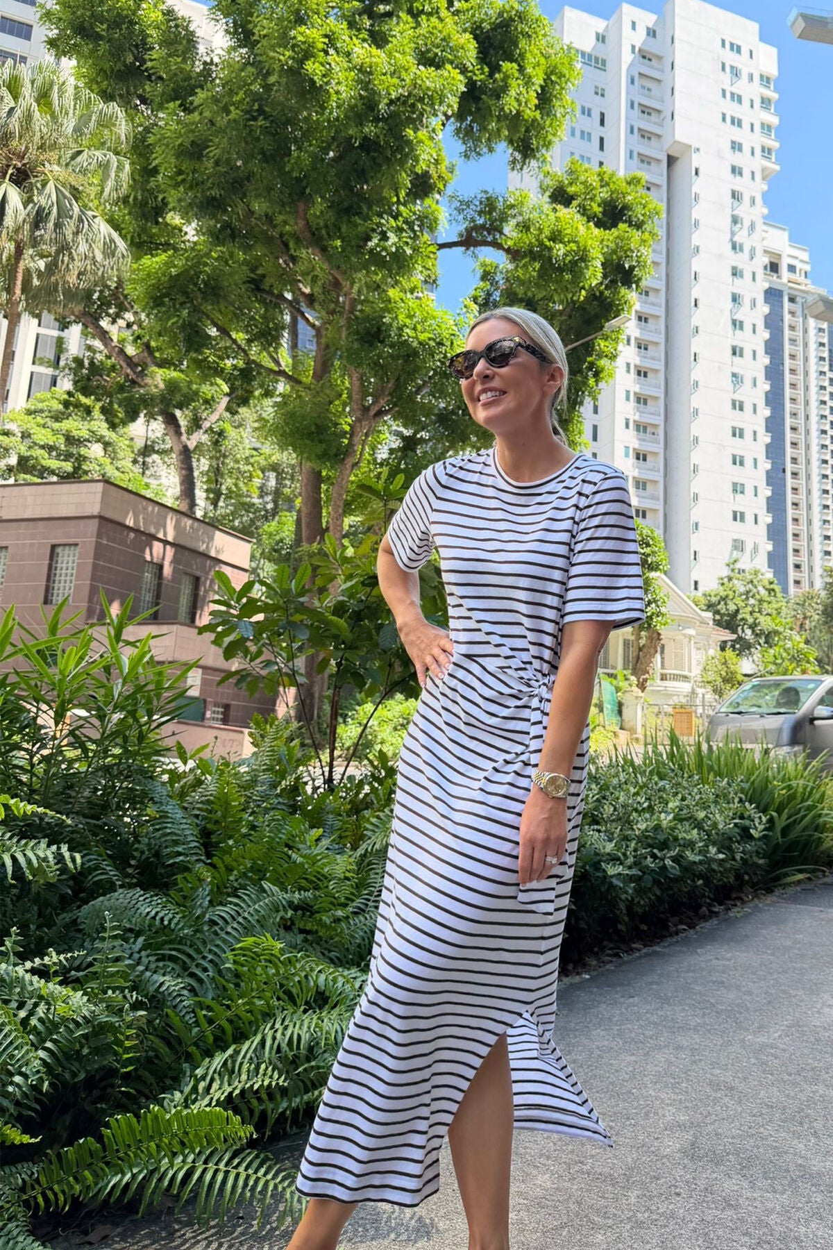 Ceres Allora  Tie Midi Dress - chocolate stripe