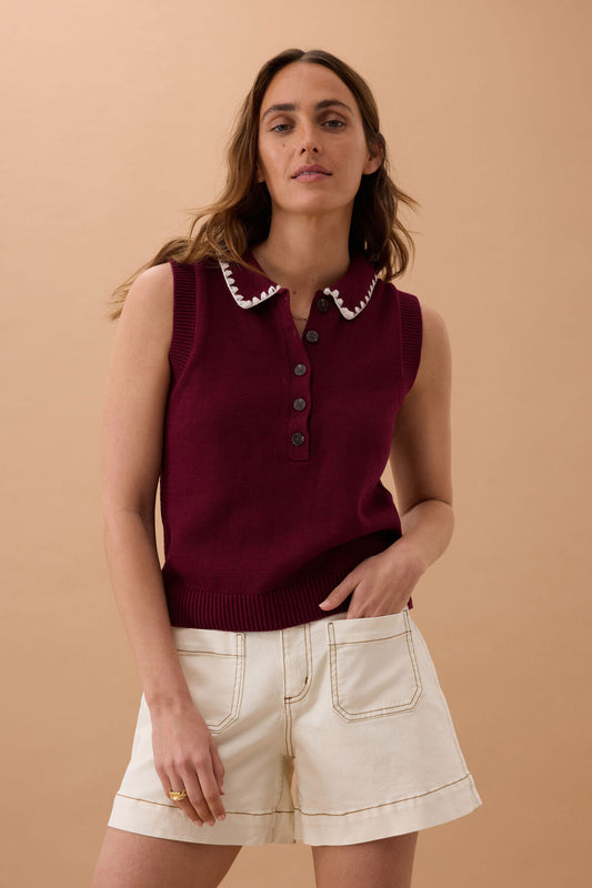 Ceres Cora Collared Button Knit - pomegranate