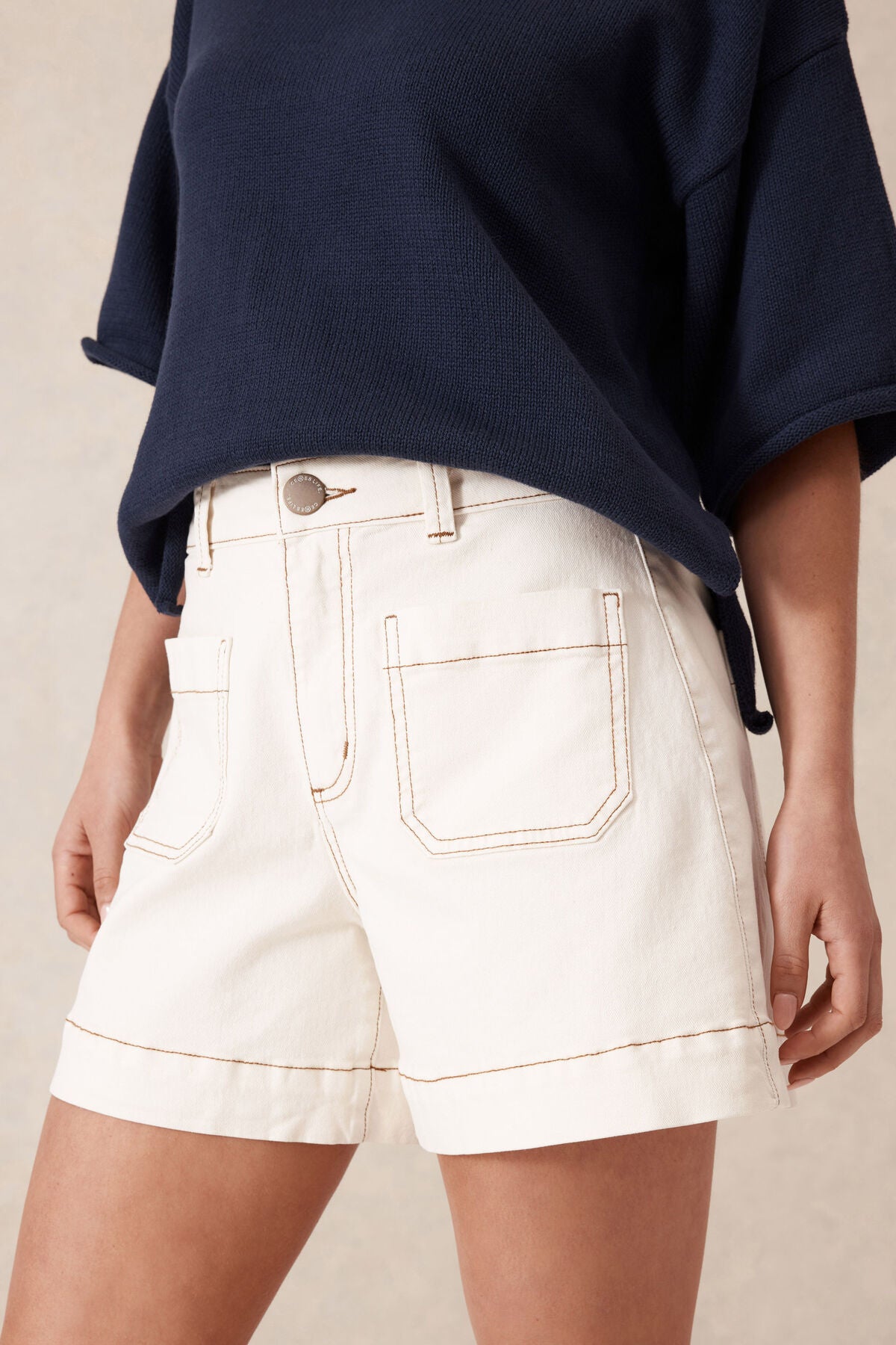 Ceres Esther Denim Patch Pocket Short - eggshell