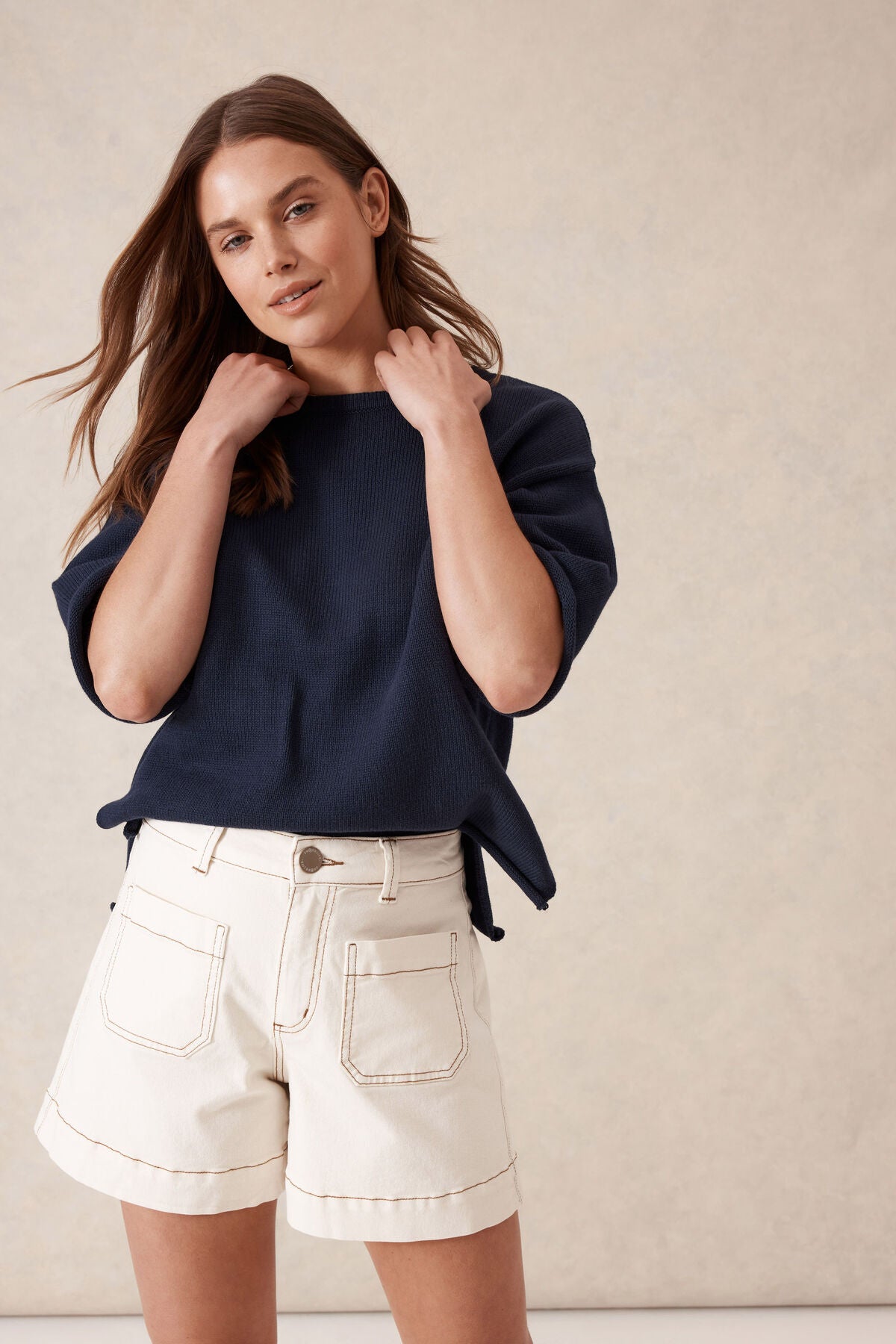 Ceres Esther Denim Patch Pocket Short - eggshell