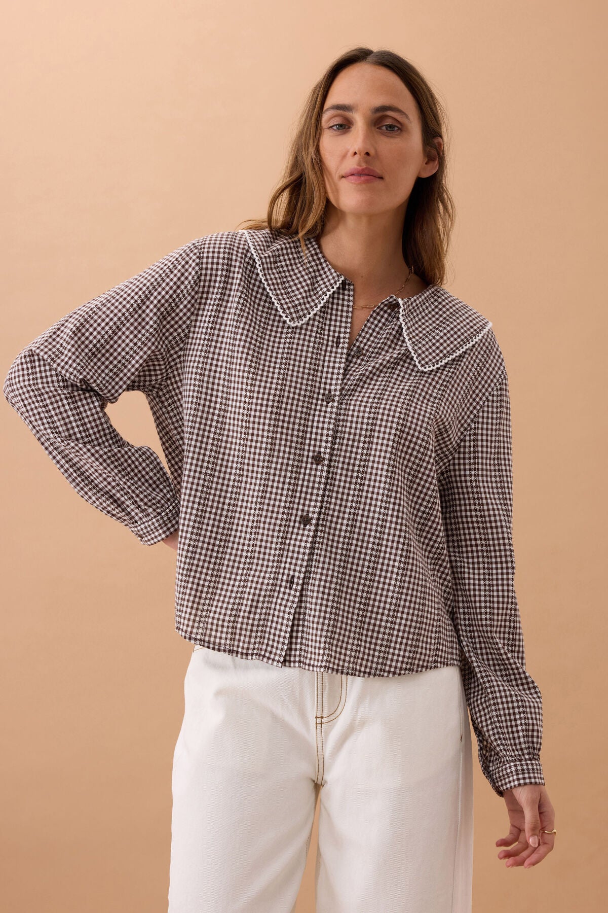 Ceres Alice Collared Top - choc gingham