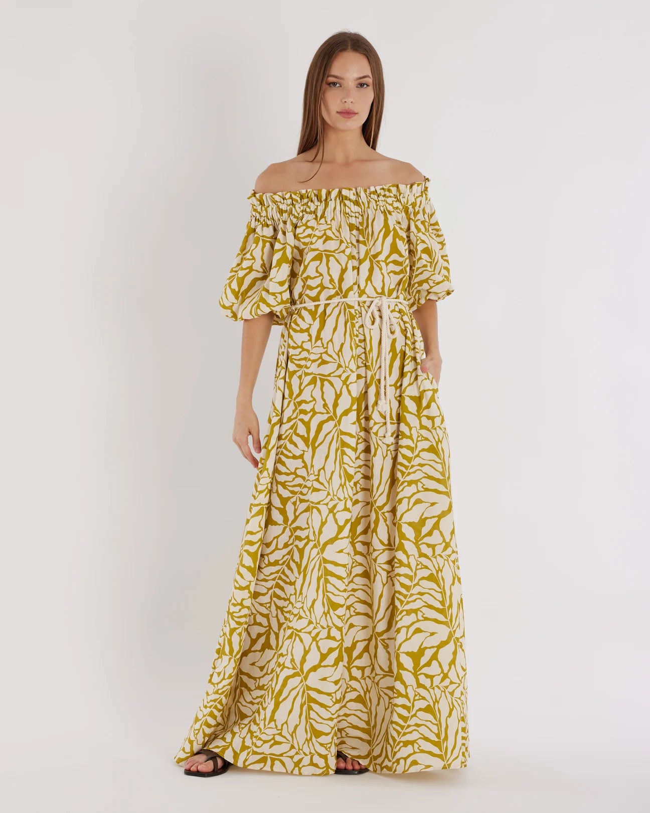 AMELIUS Amara Linen Off Shoulder Maxi Dress