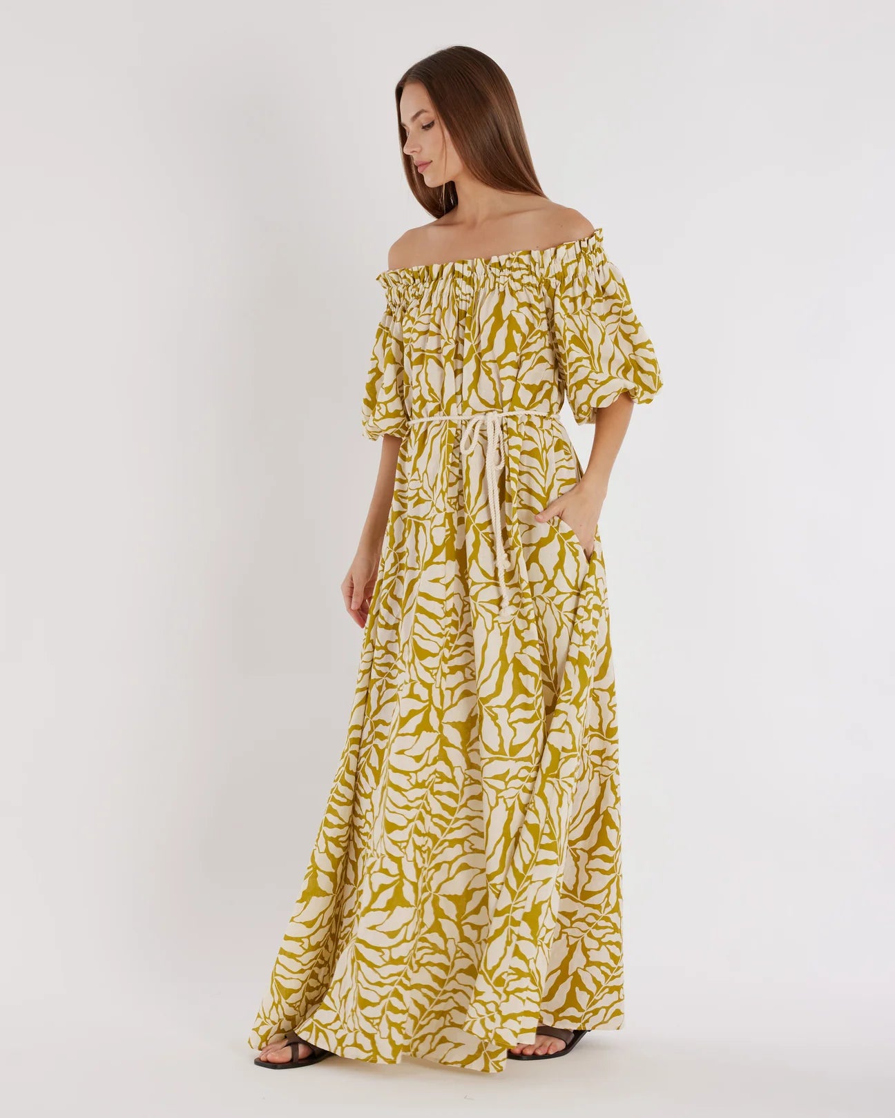 AMELIUS Amara Linen Off Shoulder Maxi Dress