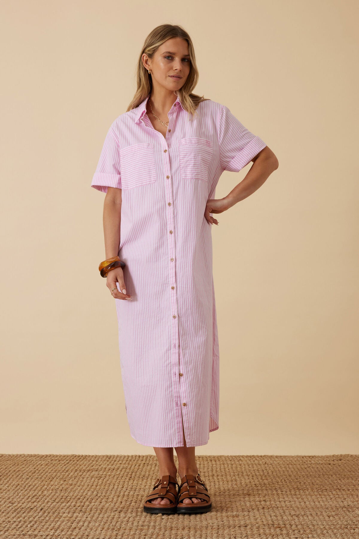 Ceres Hanna Midi Shirt Dress - hibiscus pink stripe