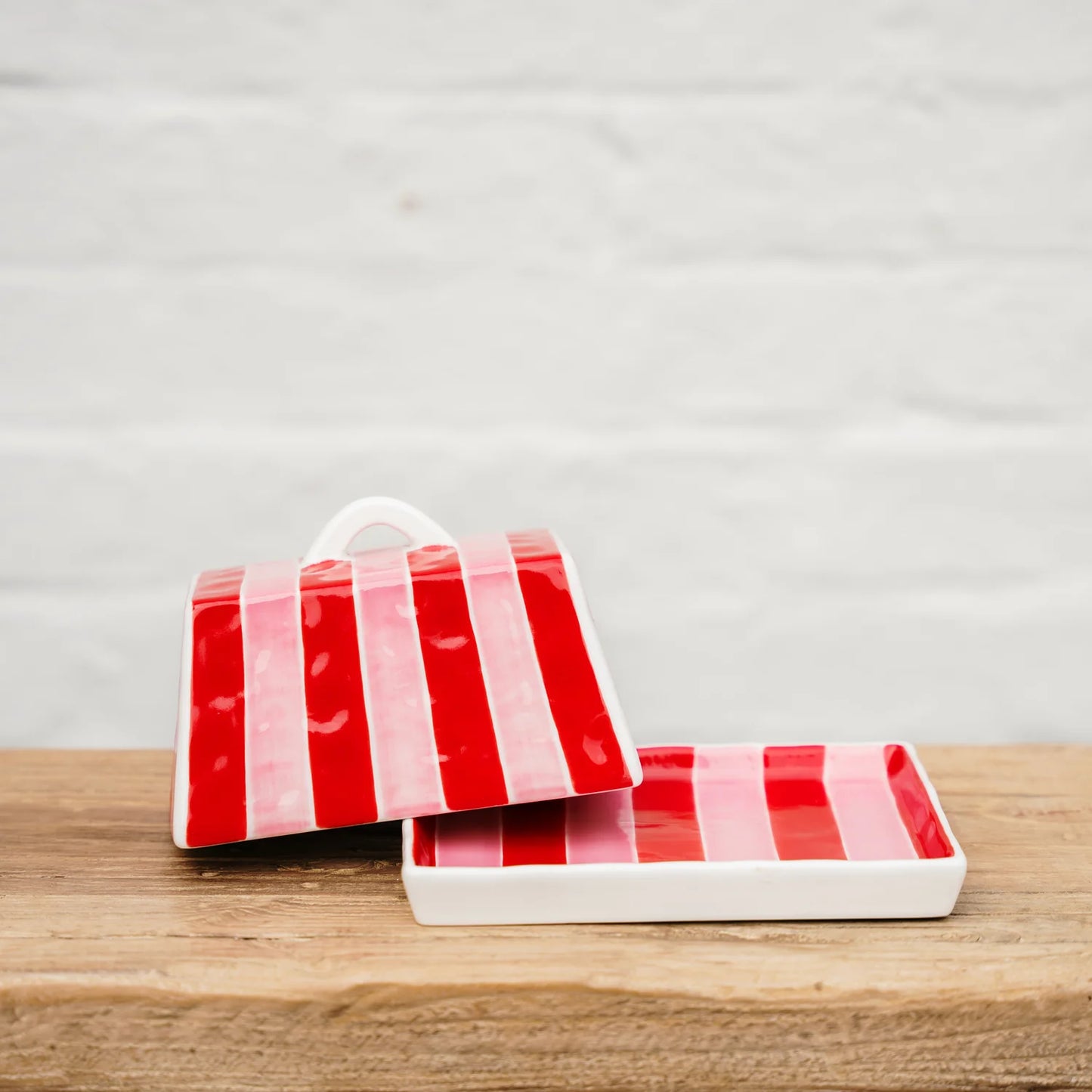 Noss & Co Large Butter Dish - red and pink stripes