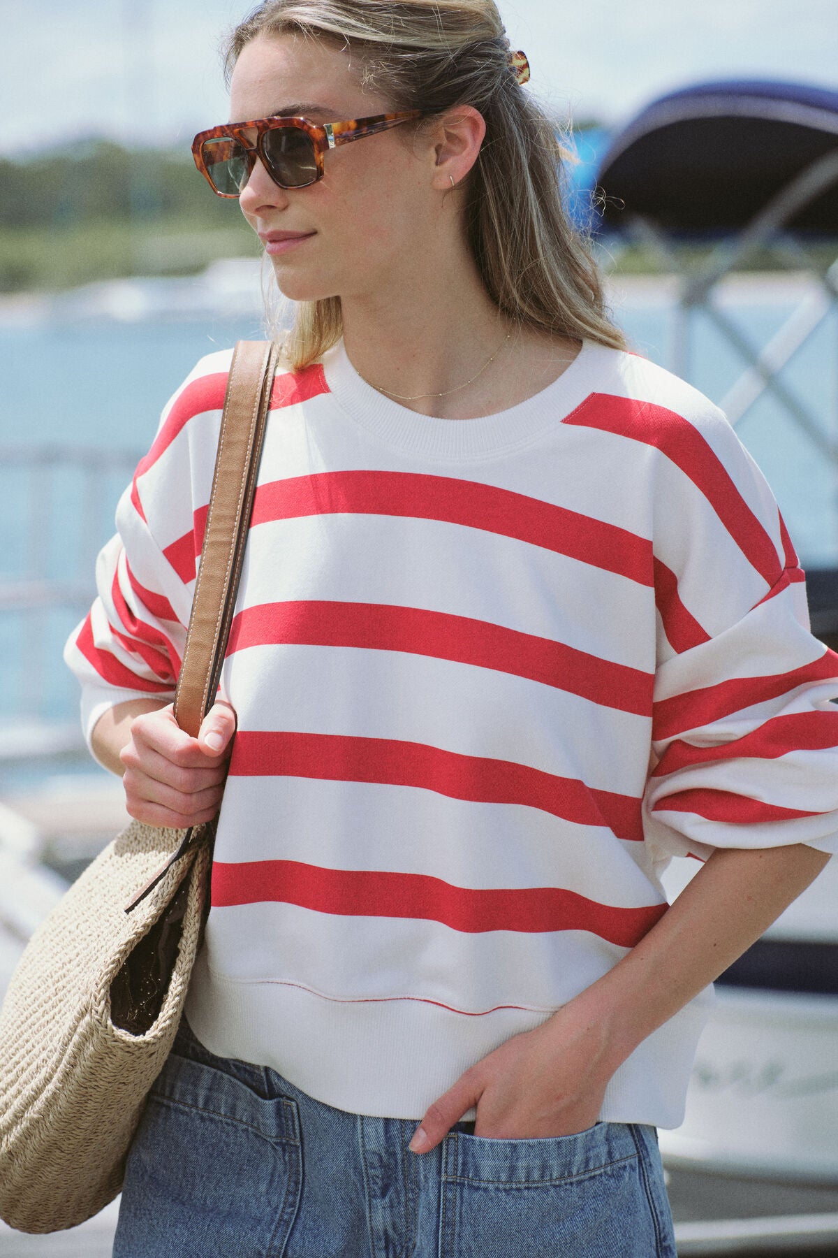 Ceres Life Cropped Slouchy Crew - warm white red stripe